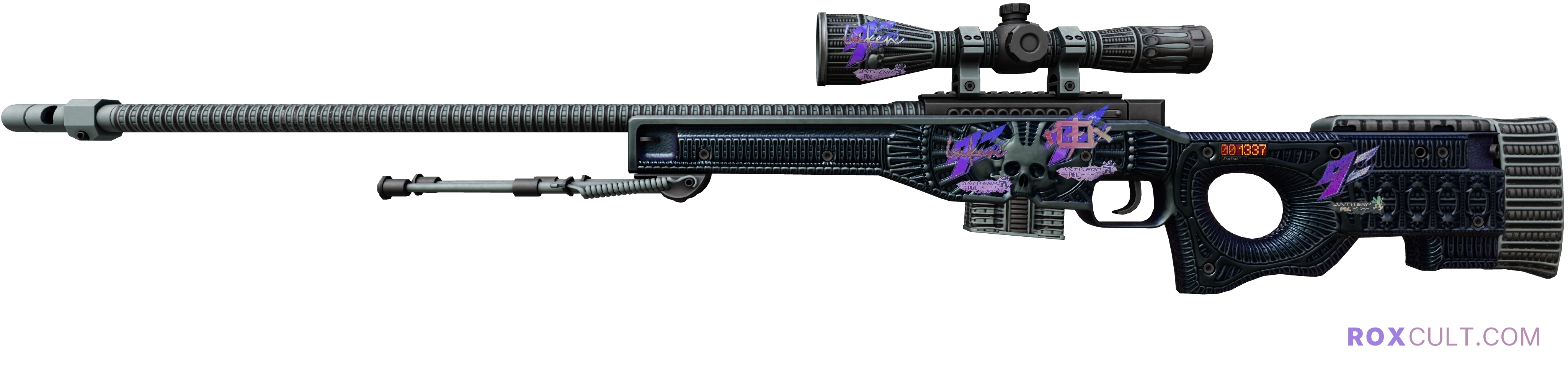 StatTrak™ AWP | Exoskeleton (Minimal Wear) — rox (Holo) Antwerp 2022 craft, playside view with 1 rox (Holo) sticker