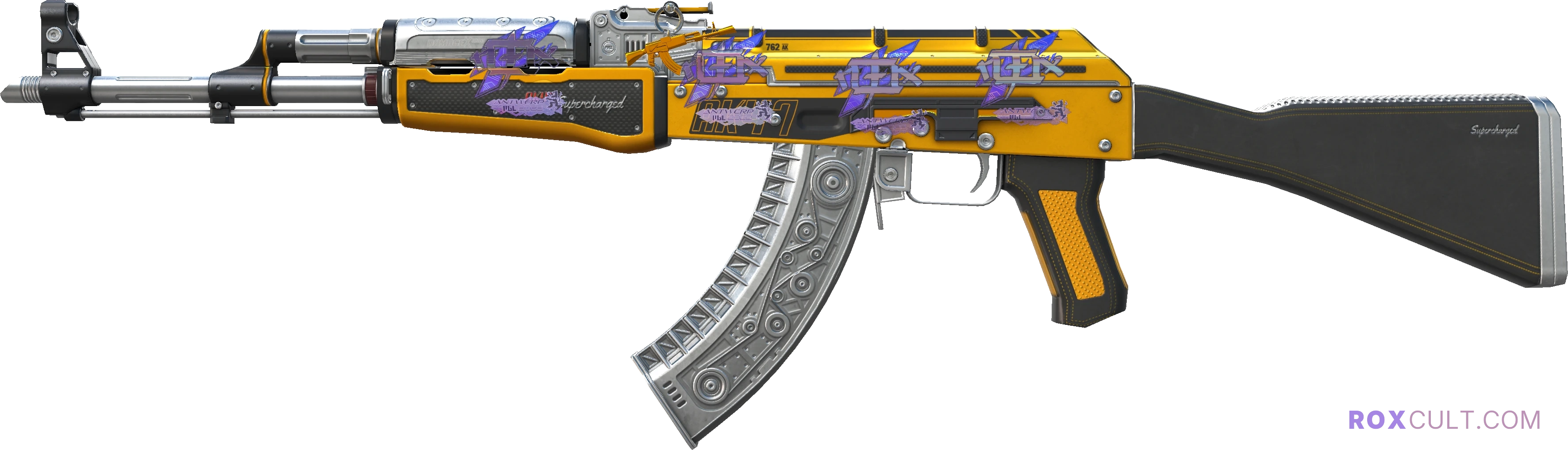 AK-47 | Fuel Injector (Factory New) — rox (Holo) Antwerp 2022 craft, playside view with 4 rox (Holo) stickers