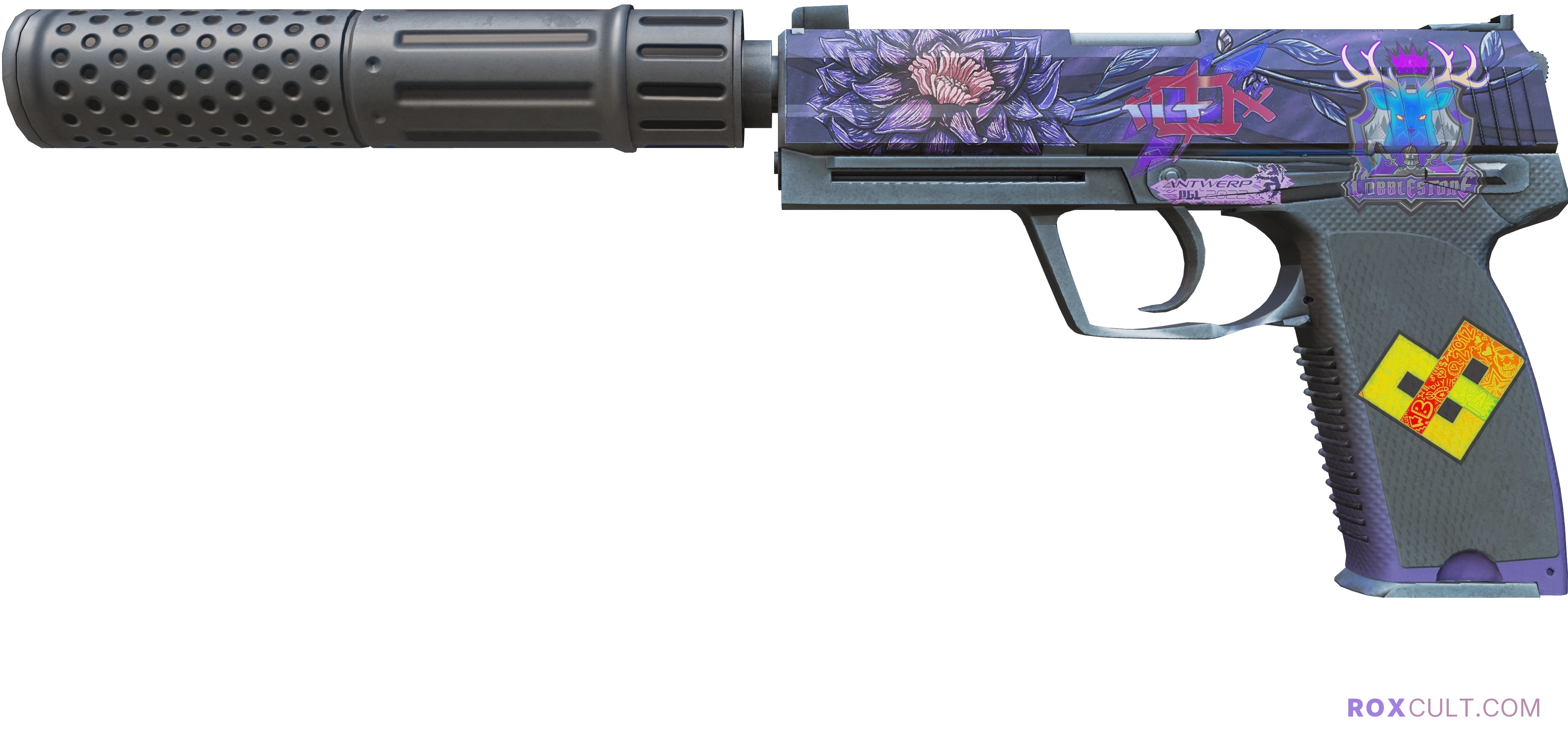 USP-S | Black Lotus (Factory New) — rox (Holo) Antwerp 2022 craft, playside view with 1 rox (Holo) sticker