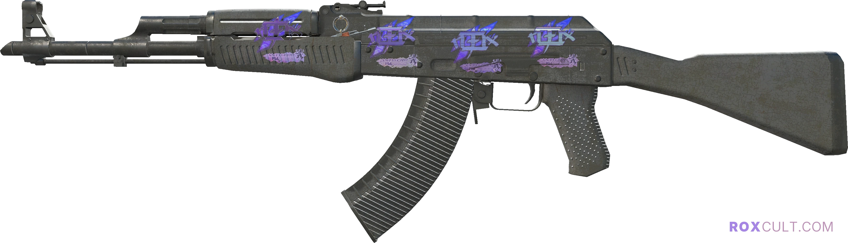 AK-47 | Slate (Battle-Scarred) — rox (Holo) Antwerp 2022 craft, playside view with 4 rox (Holo) stickers
