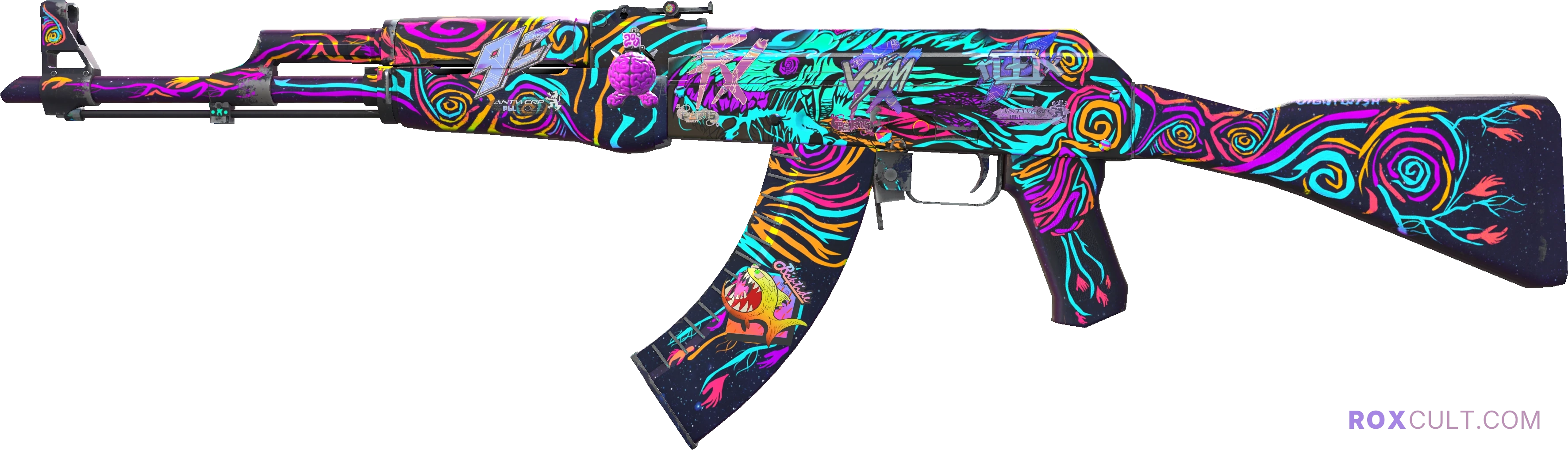 AK-47 | Nightwish (Minimal Wear) — rox (Holo) Antwerp 2022 craft, playside view with 1 rox (Holo) sticker