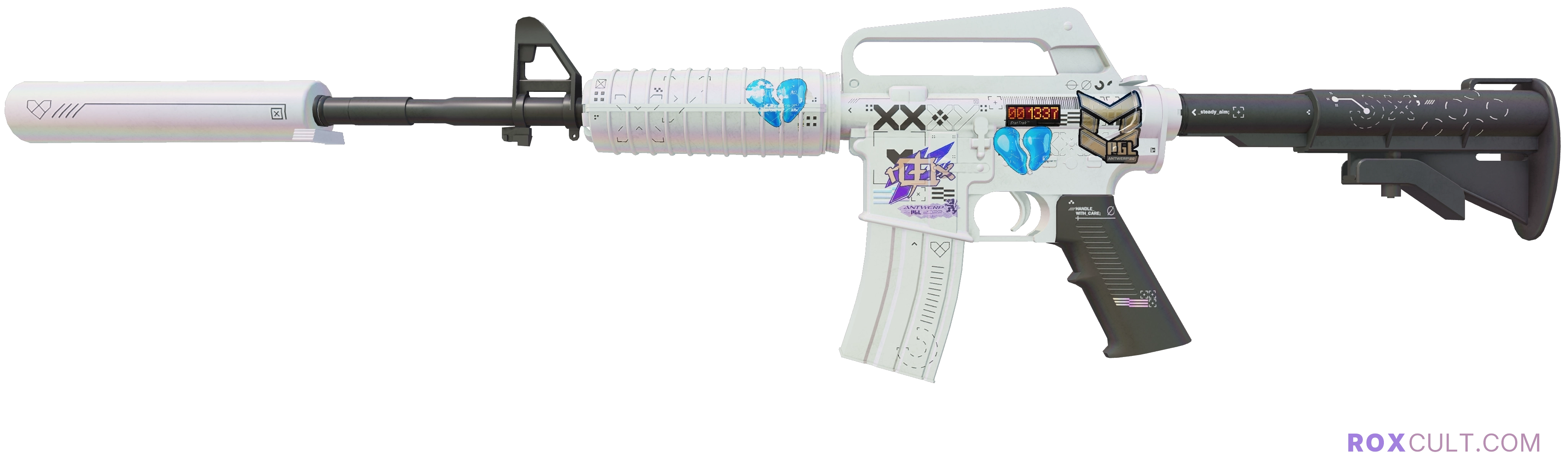 StatTrak™ M4A1-S | Printstream (Minimal Wear) — rox (Holo) Antwerp 2022 craft, playside view with 1 rox (Holo) sticker