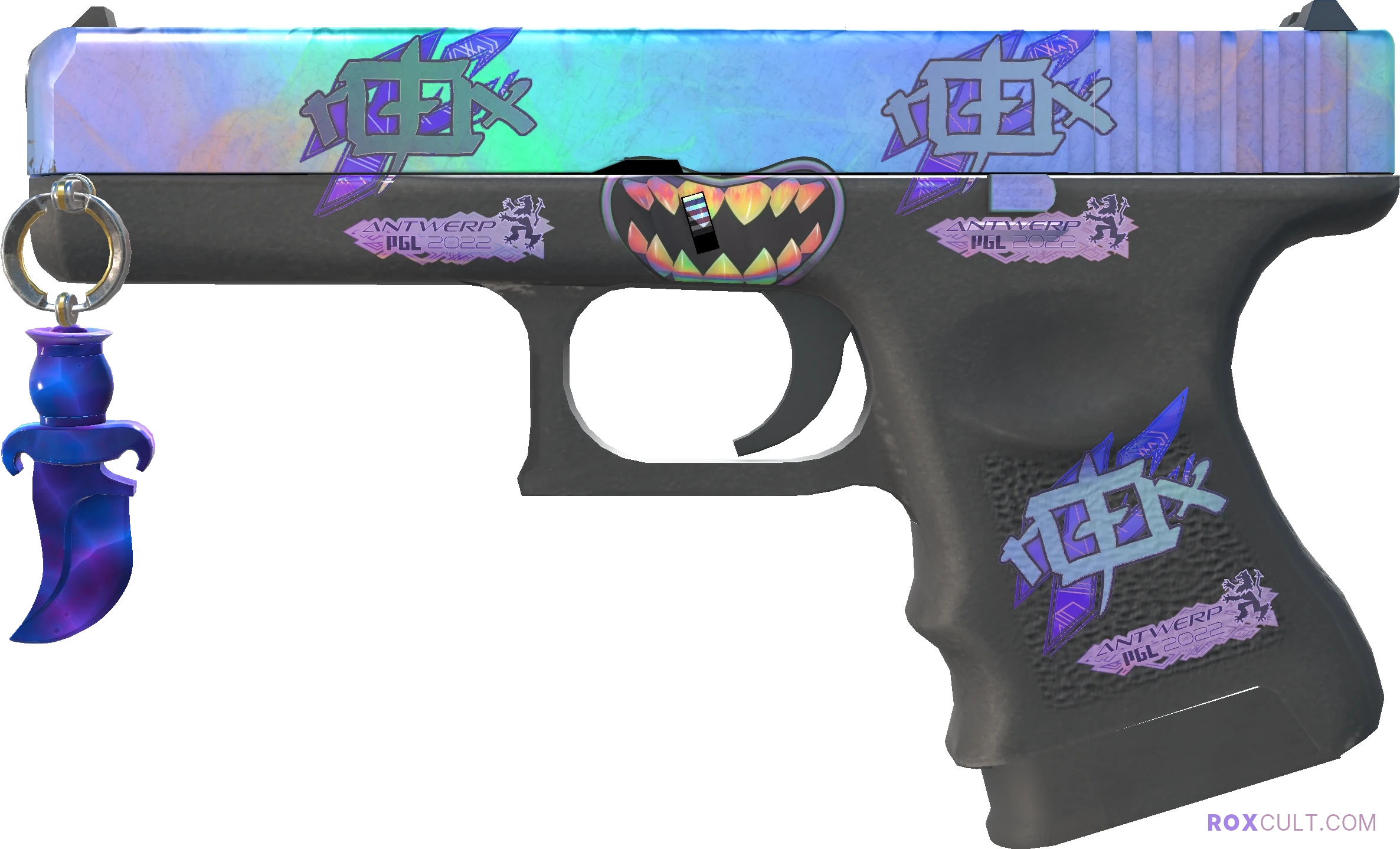 Glock-18 | Gamma Doppler (Factory New) — rox (Holo) Antwerp 2022 craft, playside view with 3 rox (Holo) stickers