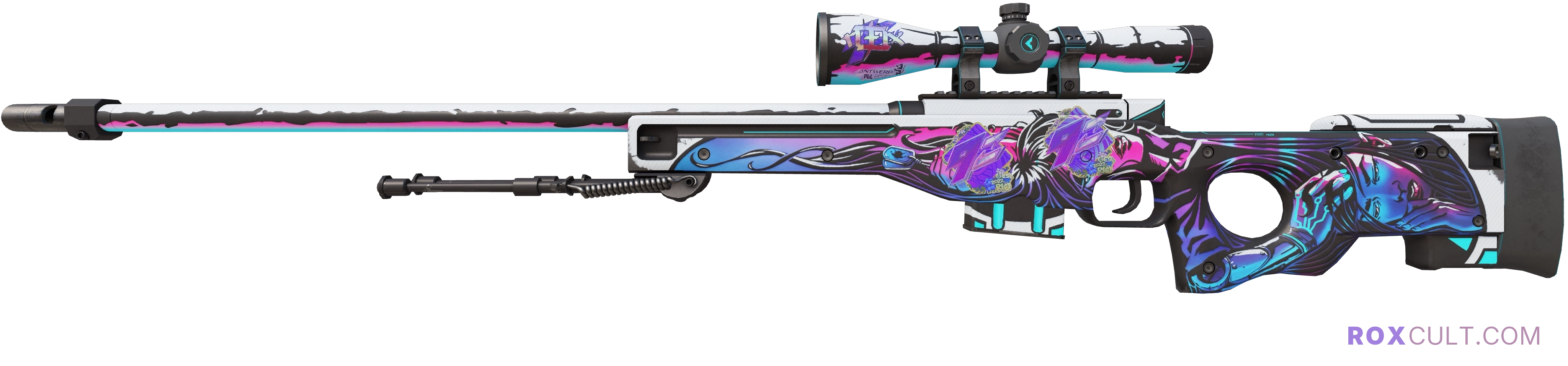 AWP | Neo-Noir (Minimal Wear) — rox (Holo) Antwerp 2022 craft, playside view with 1 rox (Holo) sticker
