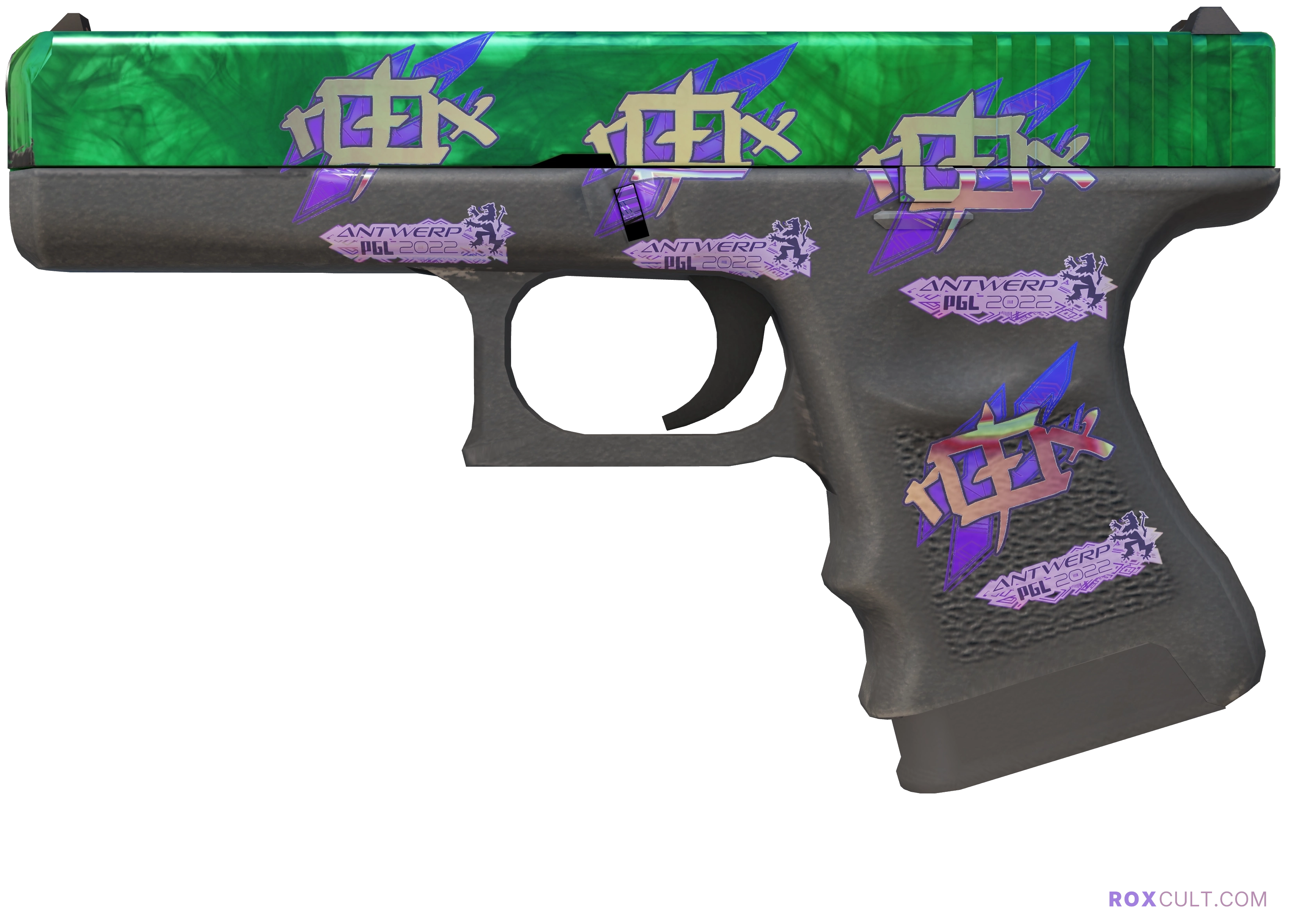 Glock-18 | Gamma Doppler (Factory New) — rox (Holo) Antwerp 2022 craft, playside view with 4 rox (Holo) stickers