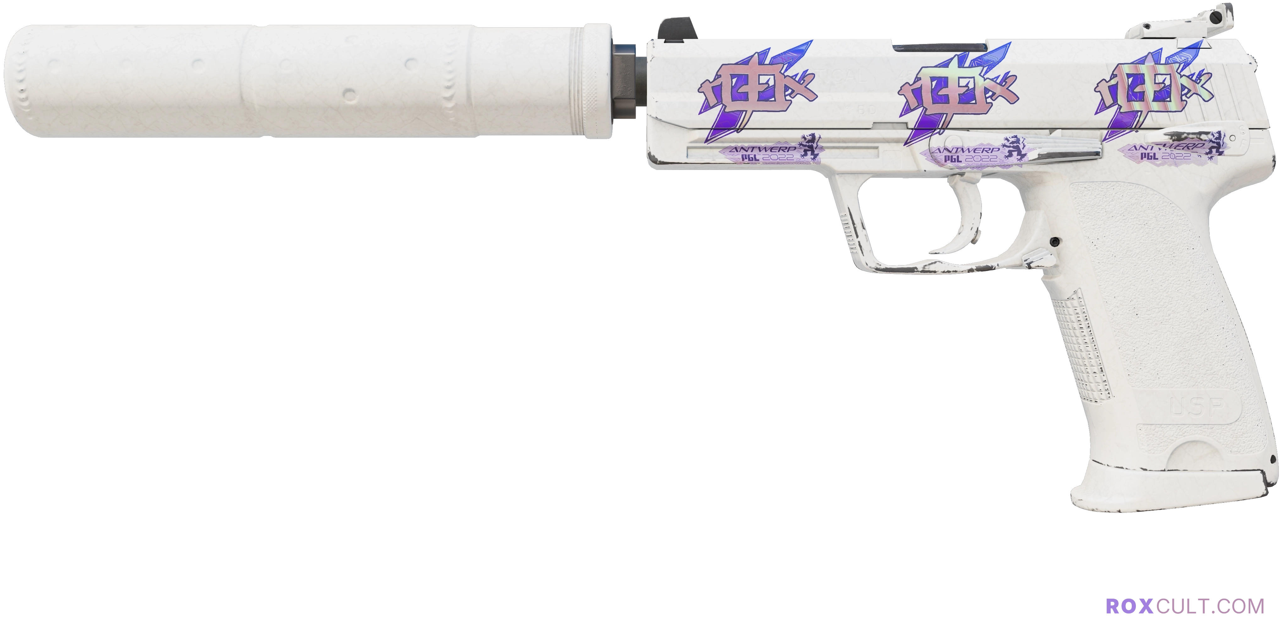 USP-S | Whiteout (Minimal Wear) — rox (Holo) Antwerp 2022 craft, playside view with 3 rox (Holo) stickers