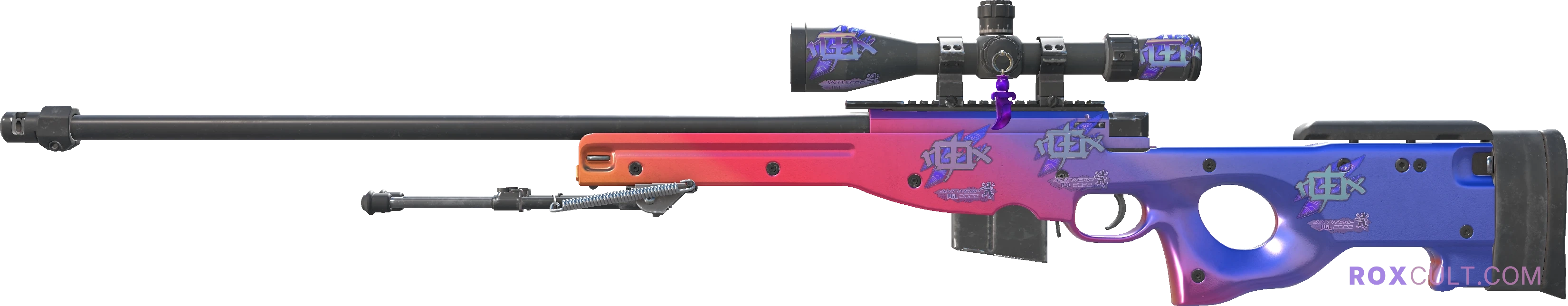AWP | Fade (Factory New) — rox (Holo) Antwerp 2022 craft, playside view with 5 rox (Holo) stickers