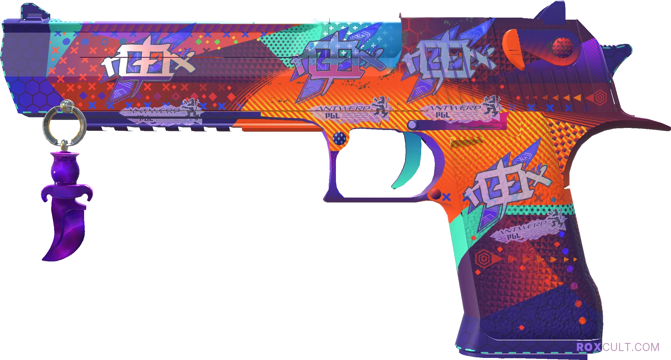 Desert Eagle | Ocean Drive (Factory New) — rox (Holo) Antwerp 2022 craft, playside view with 4 rox (Holo) stickers