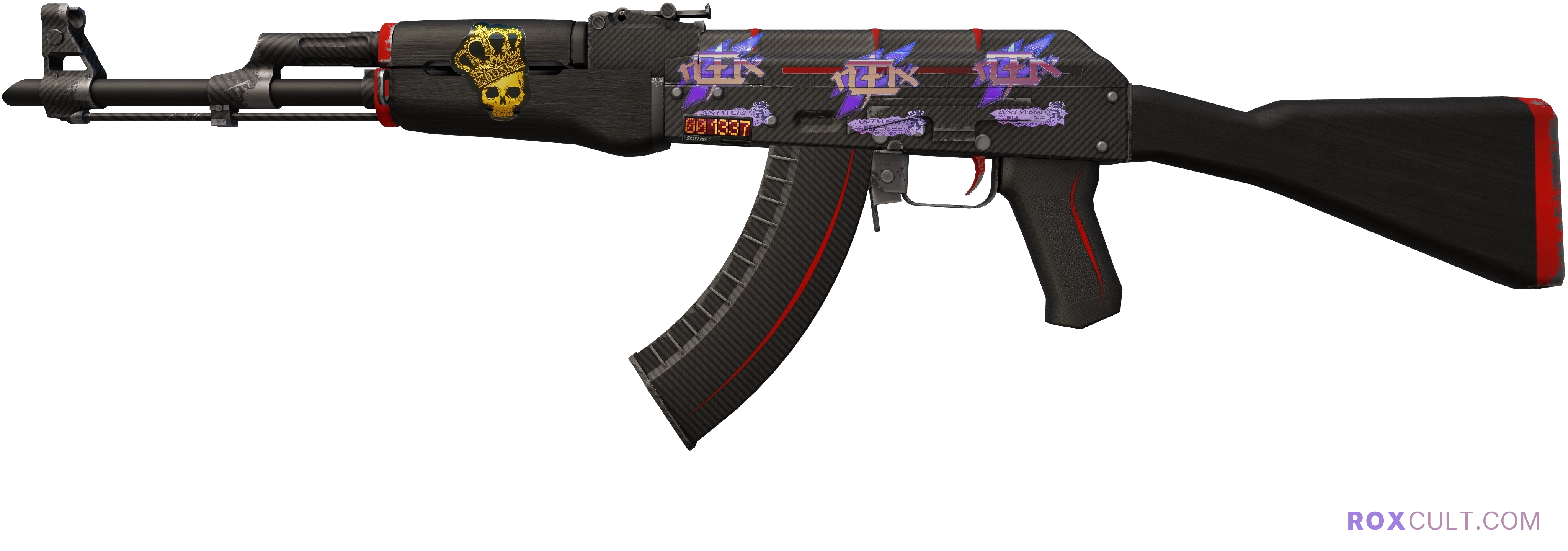 StatTrak™ AK-47 | Redline (Minimal Wear) — rox (Holo) Antwerp 2022 craft, playside view with 3 rox (Holo) stickers