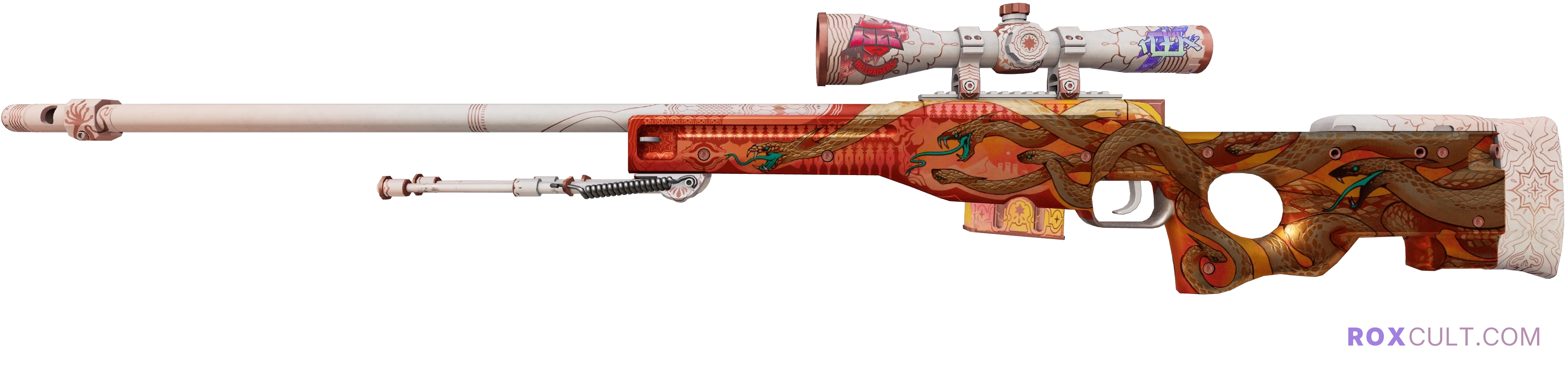 AWP | Desert Hydra (Field-Tested) — rox (Holo) Antwerp 2022 craft, playside view with 1 rox (Holo) sticker