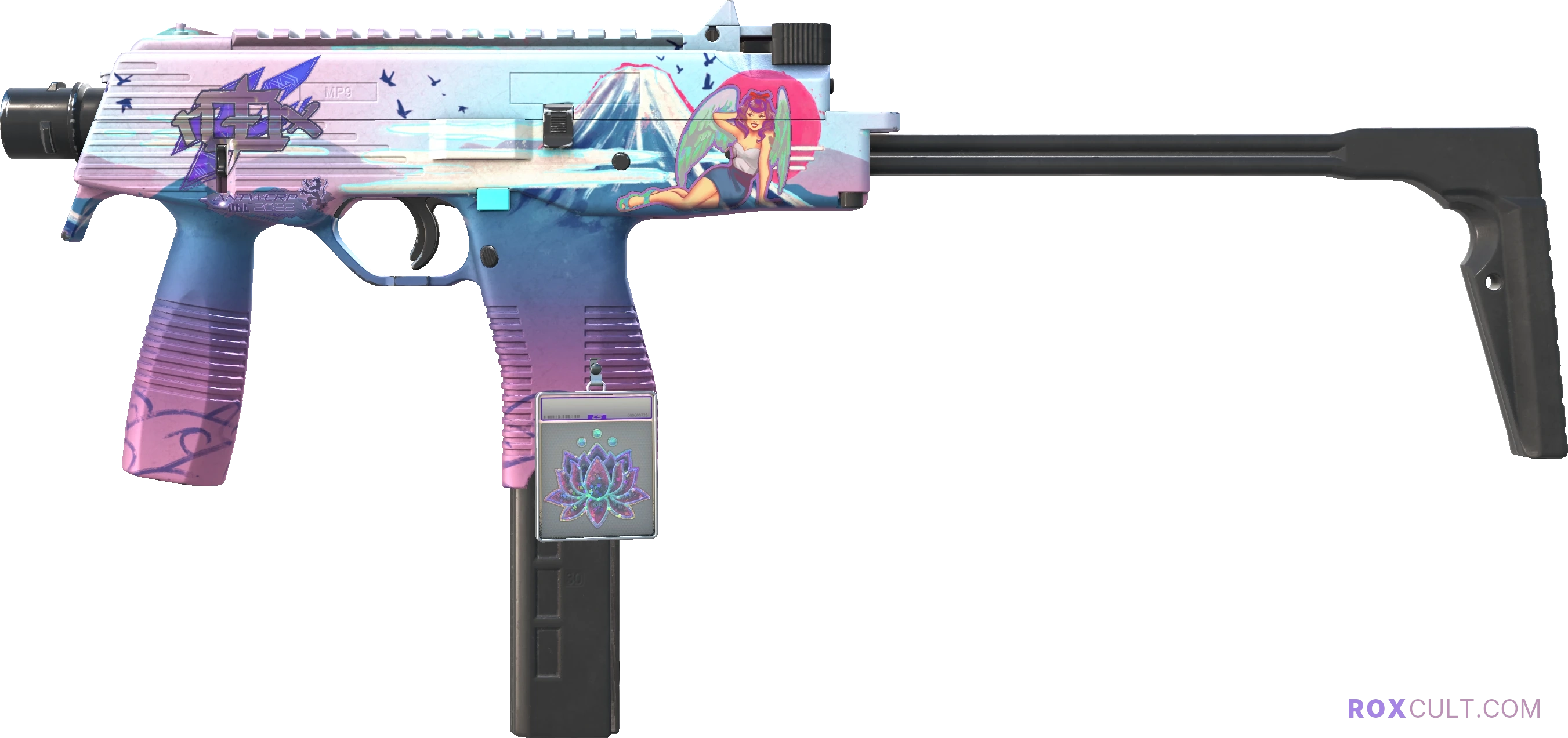 MP9 | Mount Fuji (Factory New) — rox (Holo) Antwerp 2022 craft, playside view with 1 rox (Holo) sticker