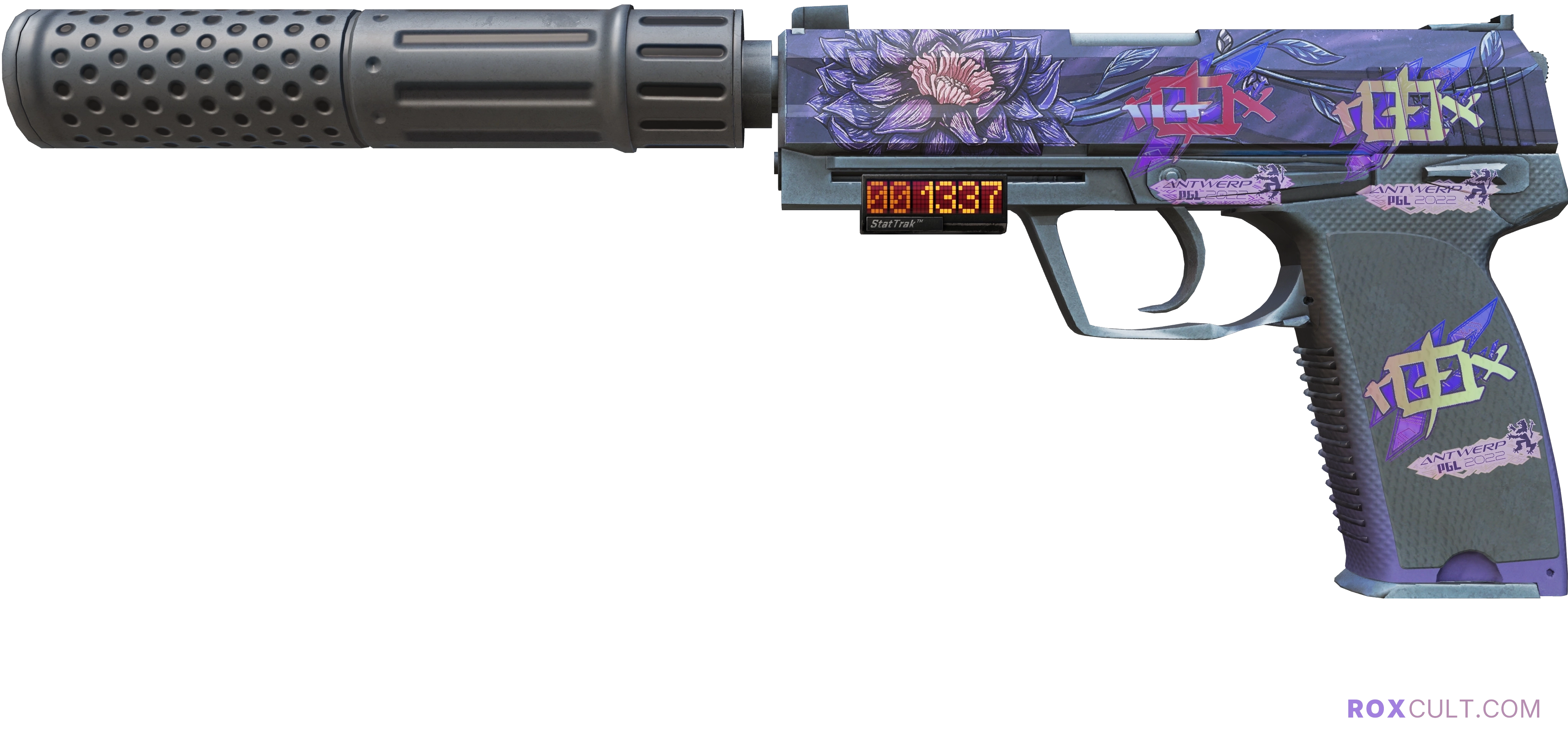 StatTrak™ USP-S | Black Lotus (Factory New) — rox (Holo) Antwerp 2022 craft, playside view with 3 rox (Holo) stickers
