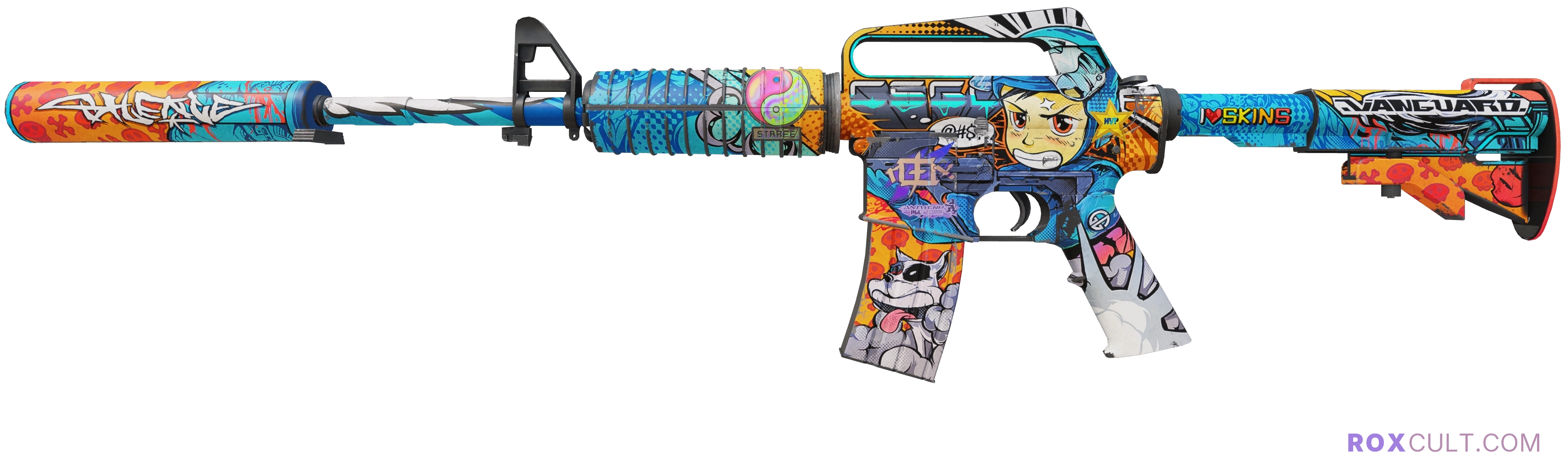 M4A1-S | Player Two (Field-Tested) — rox (Holo) Antwerp 2022 craft, playside view with 1 rox (Holo) sticker
