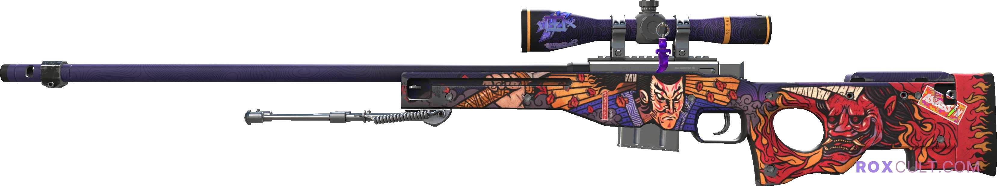 AWP | Oni Taiji (Field-Tested) — rox (Holo) Antwerp 2022 craft, playside view with 1 rox (Holo) sticker
