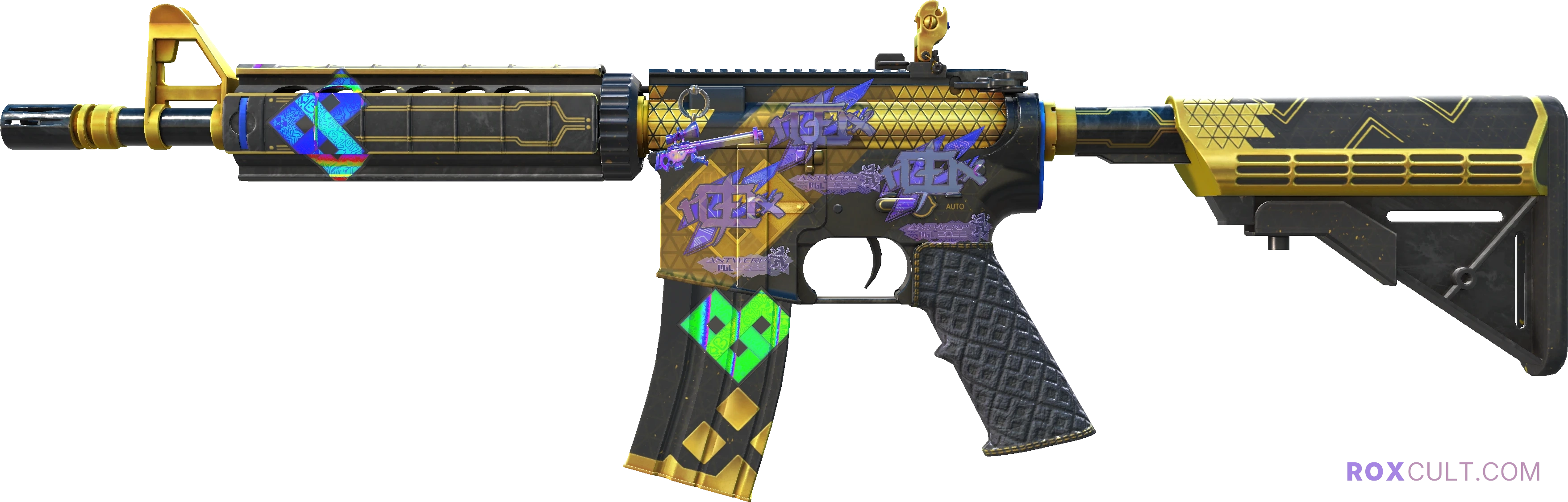 M4A4 | The Coalition (Minimal Wear) — rox (Holo) Antwerp 2022 craft, playside view with 3 rox (Holo) stickers