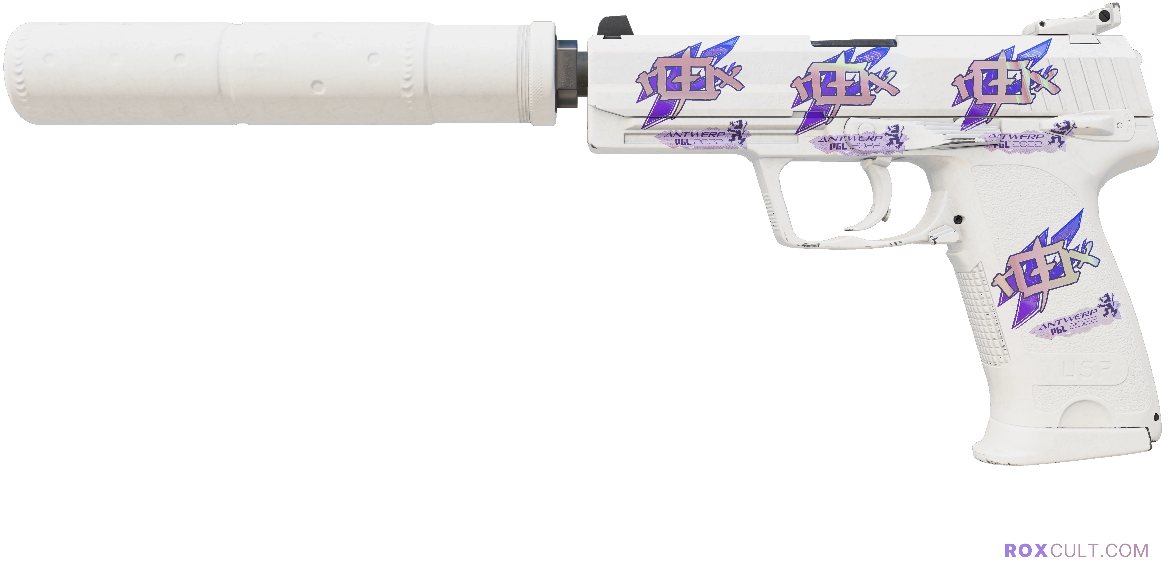 USP-S | Whiteout (Factory New) — rox (Holo) Antwerp 2022 craft, playside view with 4 rox (Holo) stickers