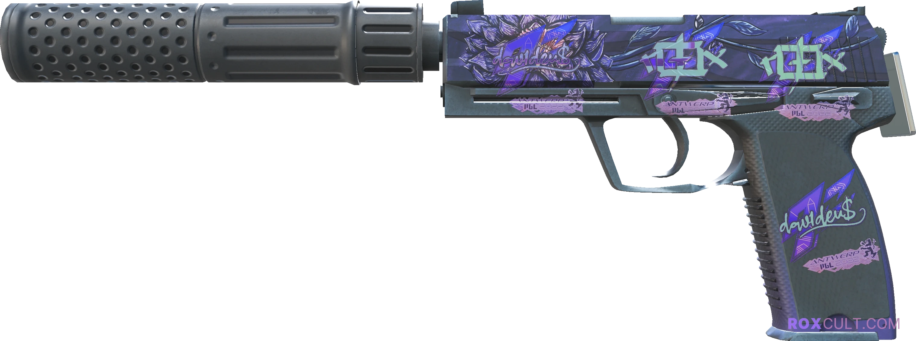 USP-S | Black Lotus (Factory New) — rox (Holo) Antwerp 2022 craft, playside view with 2 rox (Holo) stickers