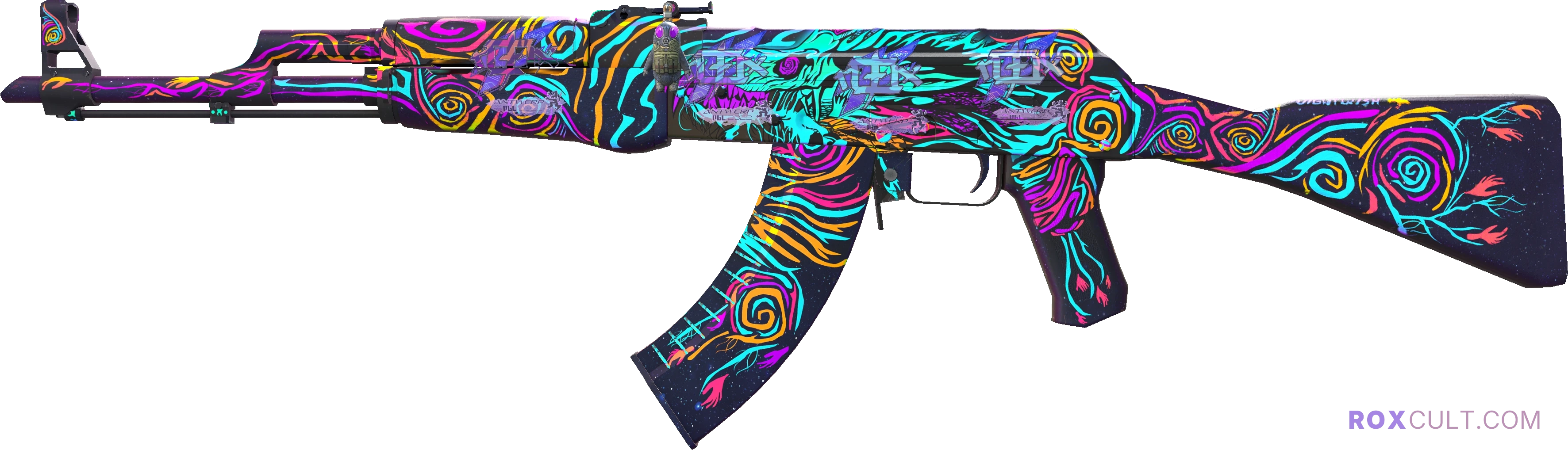 AK-47 | Nightwish (Factory New) — rox (Holo) Antwerp 2022 craft, playside view with 4 rox (Holo) stickers
