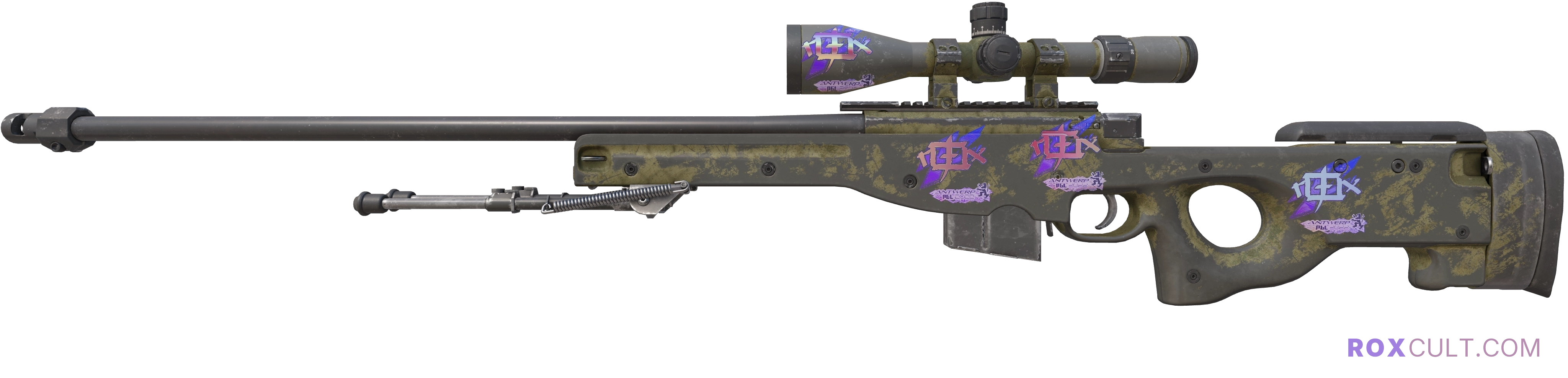 AWP | Safari Mesh (Battle-Scarred) — rox (Holo) Antwerp 2022 craft, playside view with 4 rox (Holo) stickers