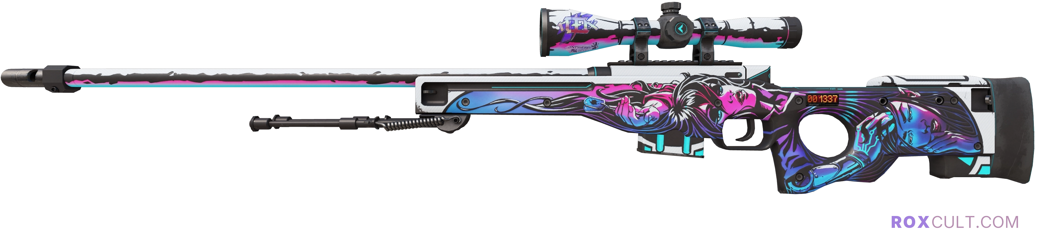 StatTrak™ AWP | Neo-Noir (Minimal Wear) — rox (Holo) Antwerp 2022 craft, playside view with 1 rox (Holo) sticker
