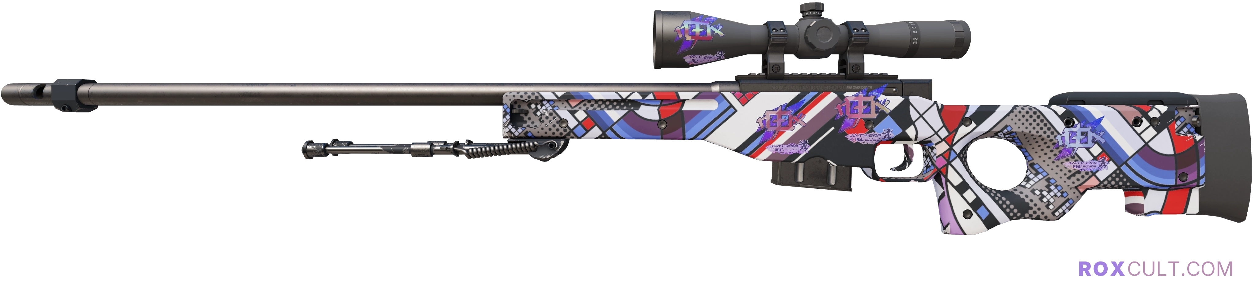 AWP | POP AWP (Factory New) — rox (Holo) Antwerp 2022 craft, playside view with 4 rox (Holo) stickers