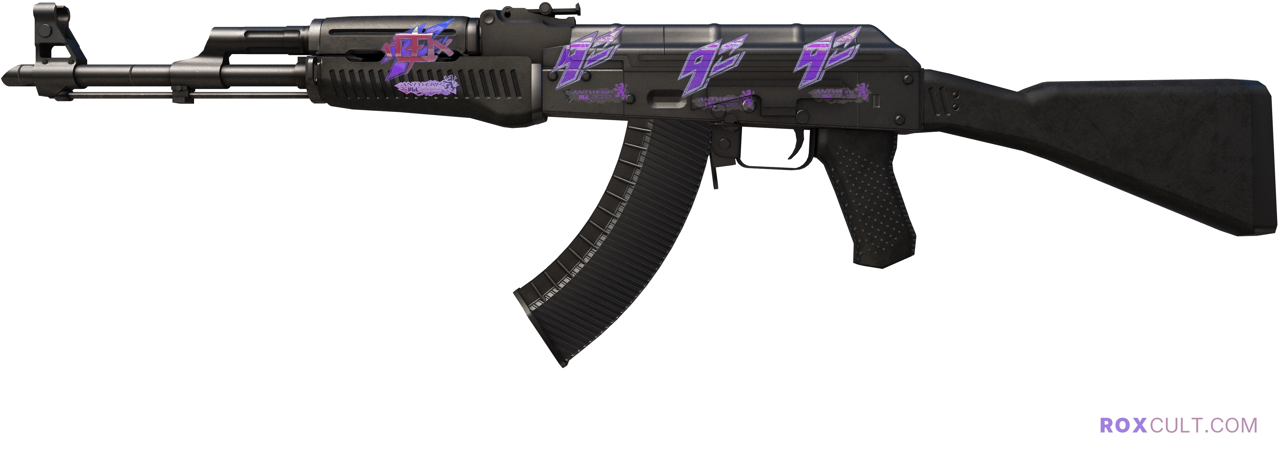 AK-47 | Slate (Minimal Wear) — rox (Holo) Antwerp 2022 craft, playside view with 1 rox (Holo) sticker
