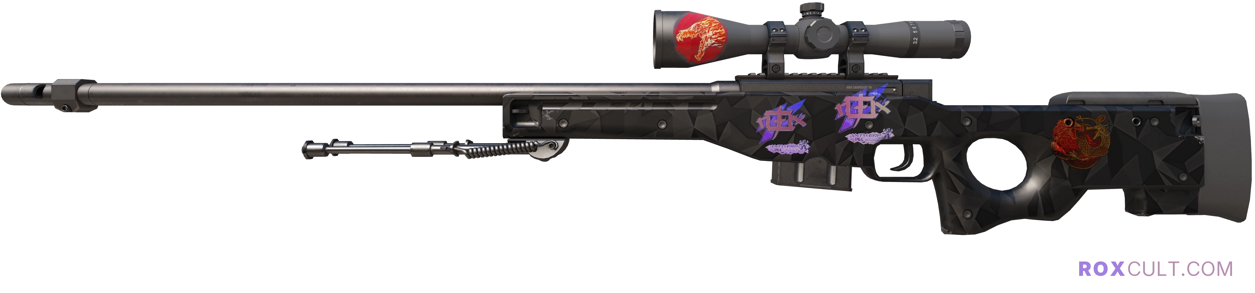 AWP | Graphite (Factory New) — rox (Holo) Antwerp 2022 craft, playside view with 2 rox (Holo) stickers