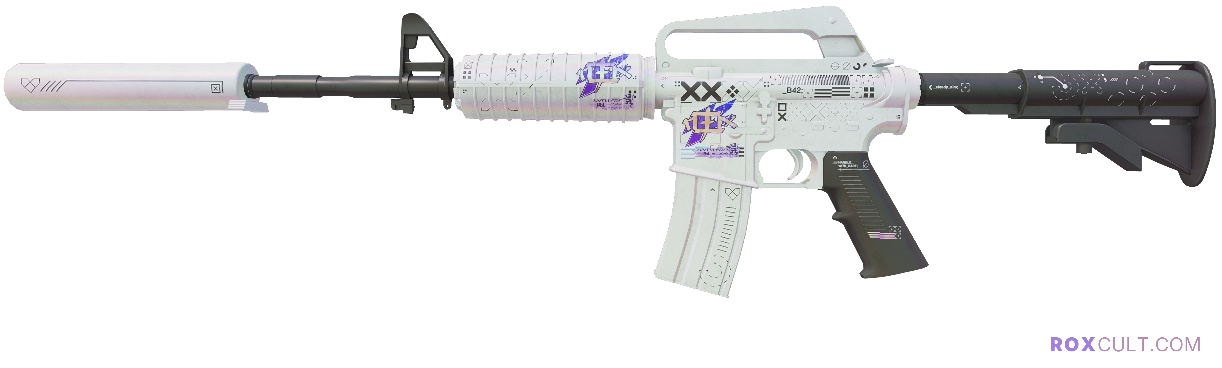 M4A1-S | Printstream (Minimal Wear) — rox (Holo) Antwerp 2022 craft, playside view with 2 rox (Holo) stickers