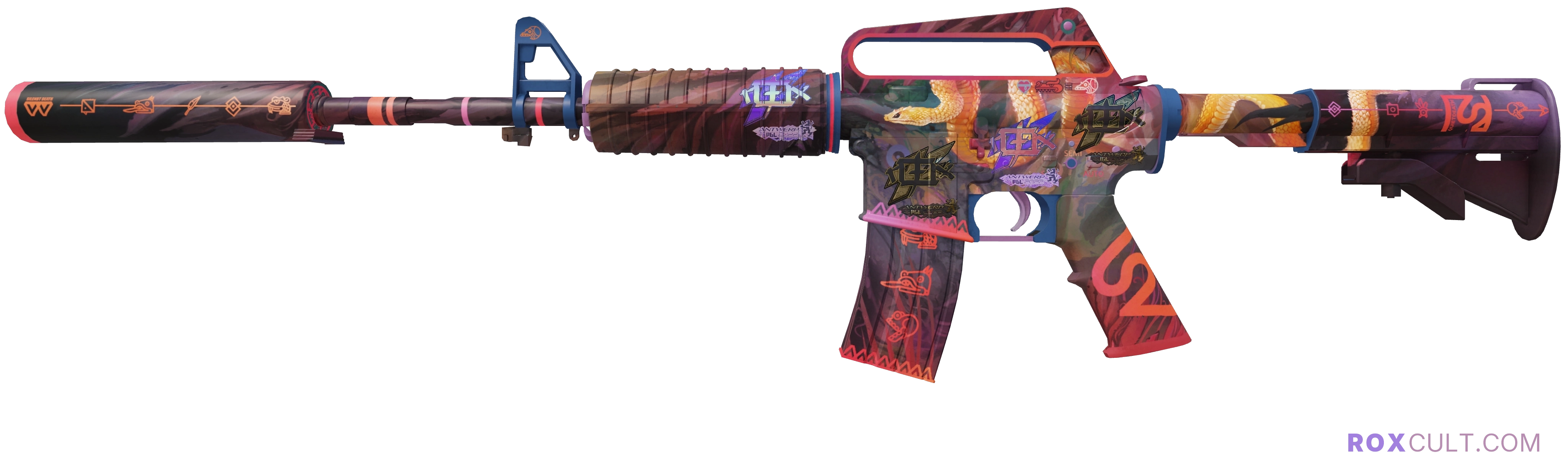 M4A1-S | Welcome to the Jungle (Factory New) — rox (Holo) Antwerp 2022 craft, playside view with 2 rox (Holo) stickers