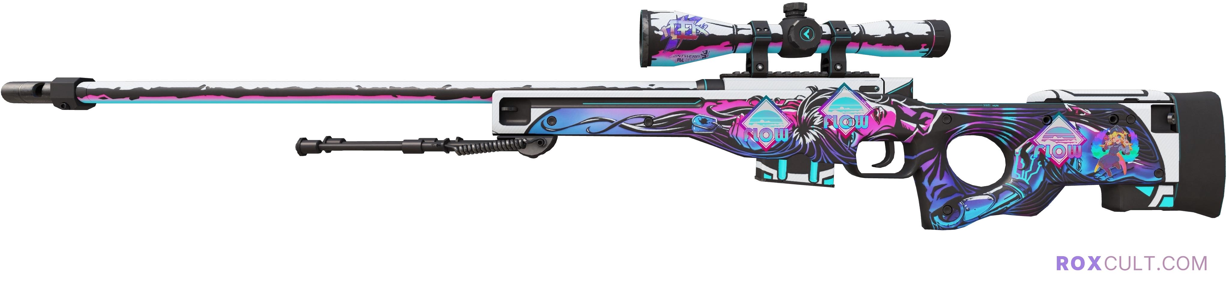 AWP | Neo-Noir (Factory New) — rox (Holo) Antwerp 2022 craft, playside view with 1 rox (Holo) sticker