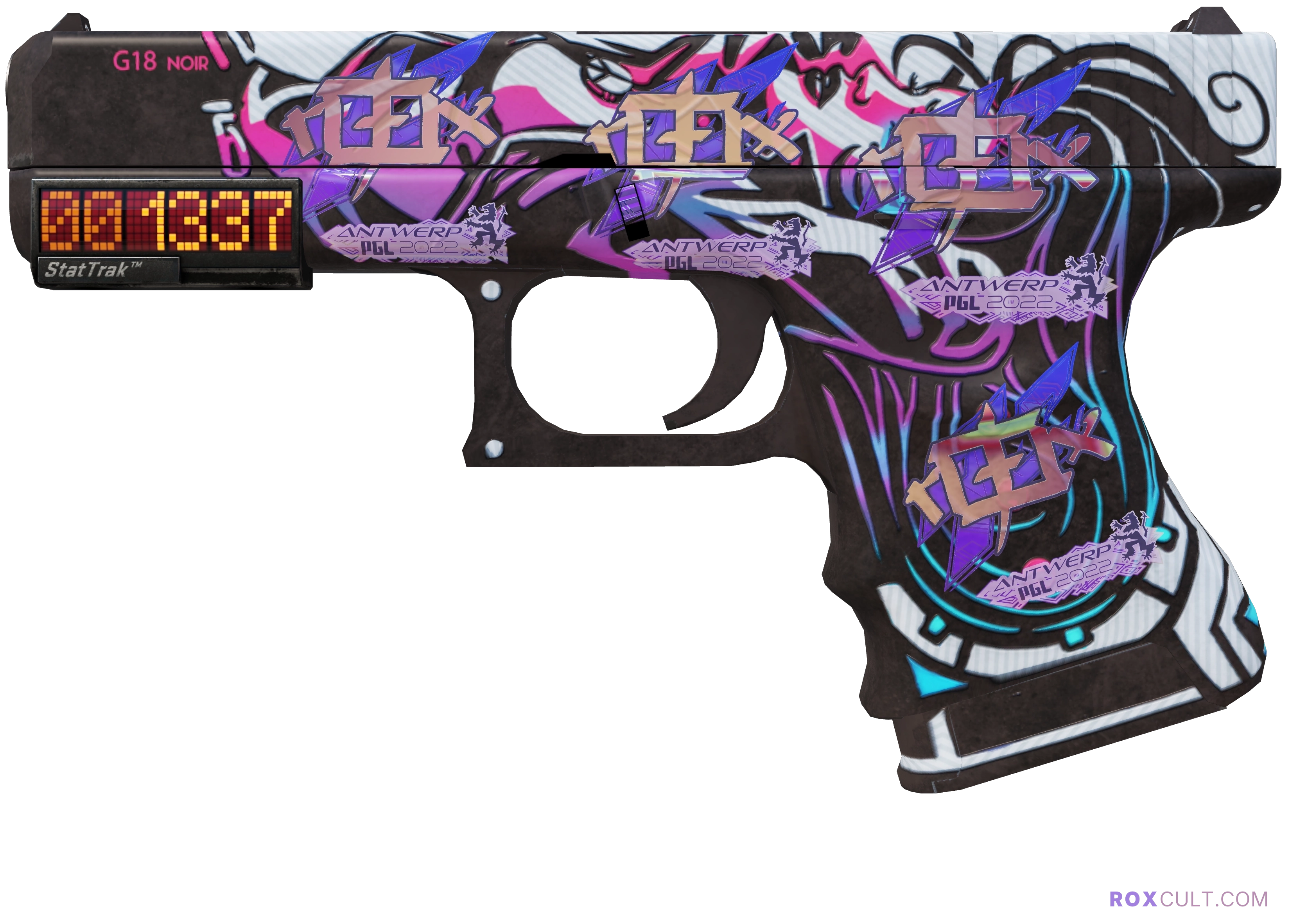StatTrak™ Glock-18 | Neo-Noir (Factory New) — rox (Holo) Antwerp 2022 craft, playside view with 4 rox (Holo) stickers