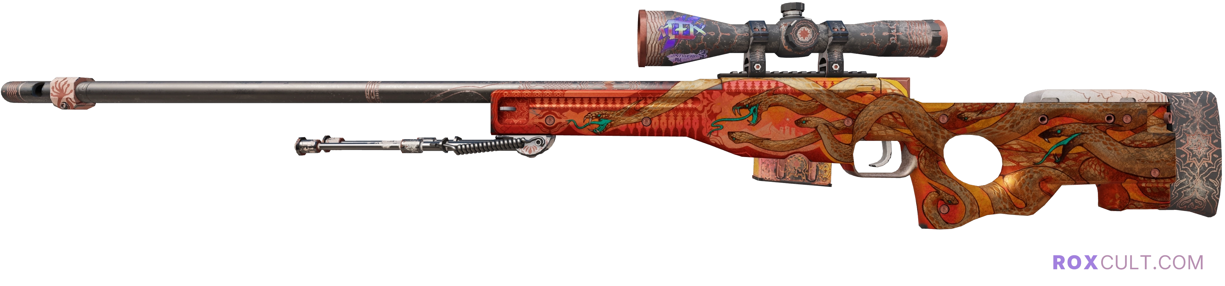 AWP | Desert Hydra (Battle-Scarred) — rox (Holo) Antwerp 2022 craft, playside view with 1 rox (Holo) sticker