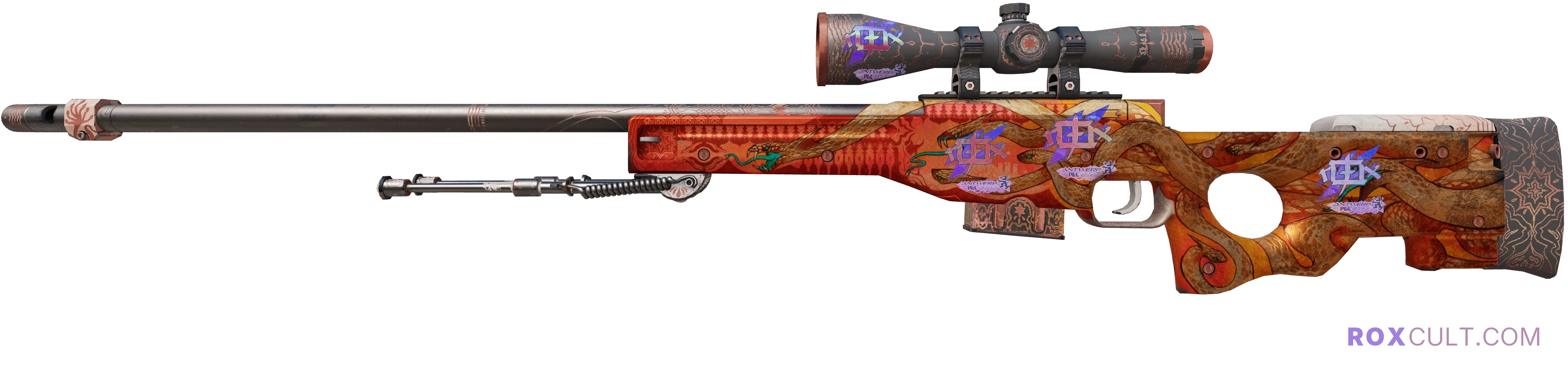 Souvenir AWP | Desert Hydra (Battle-Scarred) — rox (Holo) Antwerp 2022 craft, playside view with 4 rox (Holo) stickers