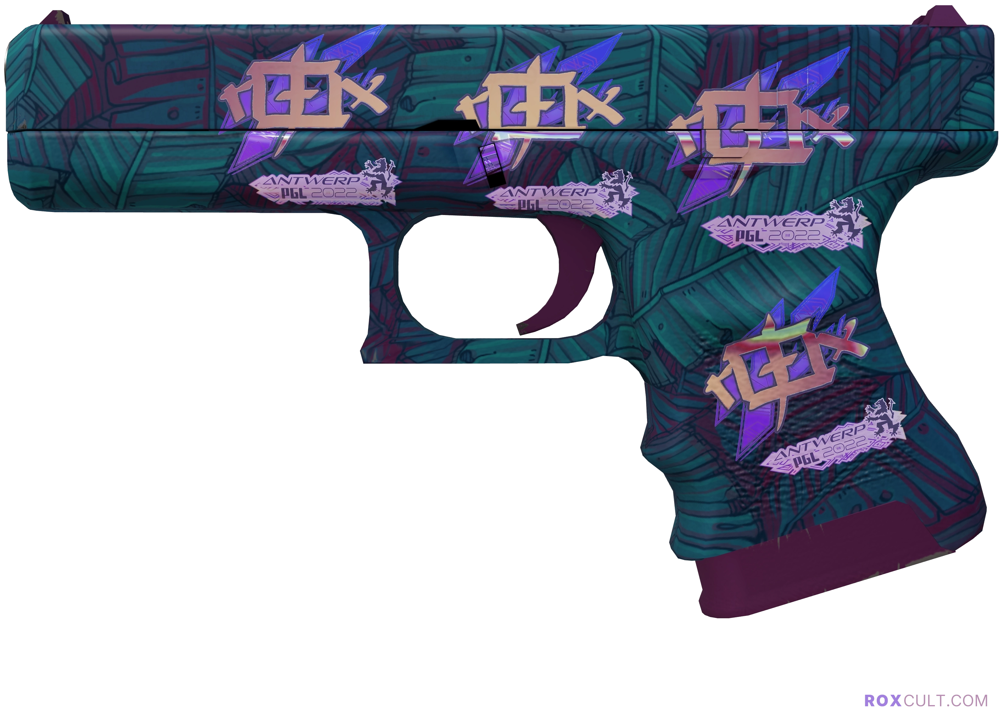 Glock-18 | Synth Leaf (Factory New) — rox (Holo) Antwerp 2022 craft, playside view with 4 rox (Holo) stickers