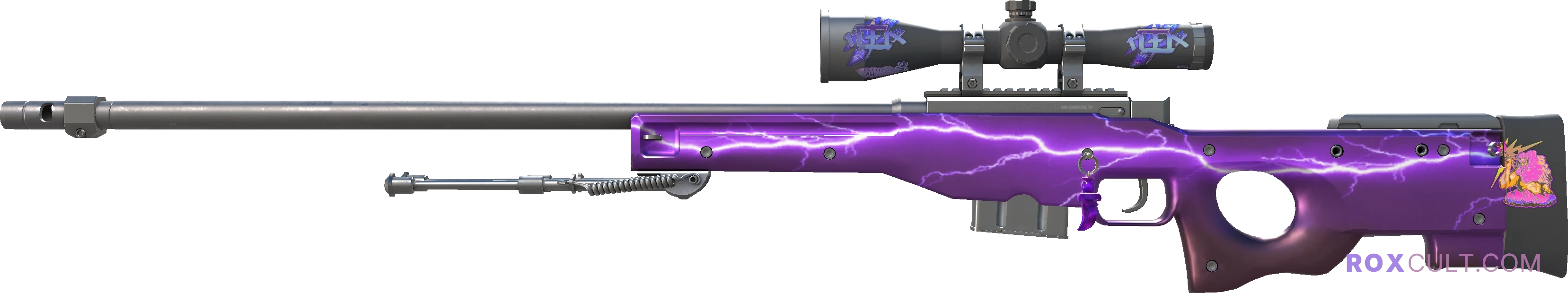 AWP | Lightning Strike (Factory New) — rox (Holo) Antwerp 2022 craft, playside view with 2 rox (Holo) stickers