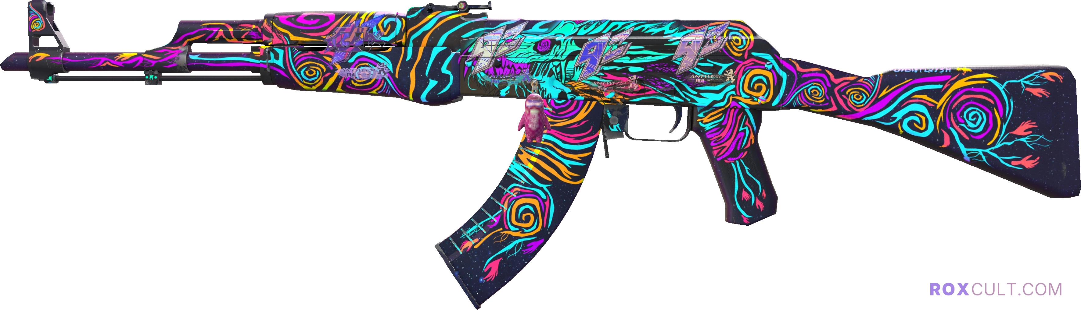 AK-47 | Nightwish (Factory New) — rox (Holo) Antwerp 2022 craft, playside view with 1 rox (Holo) sticker