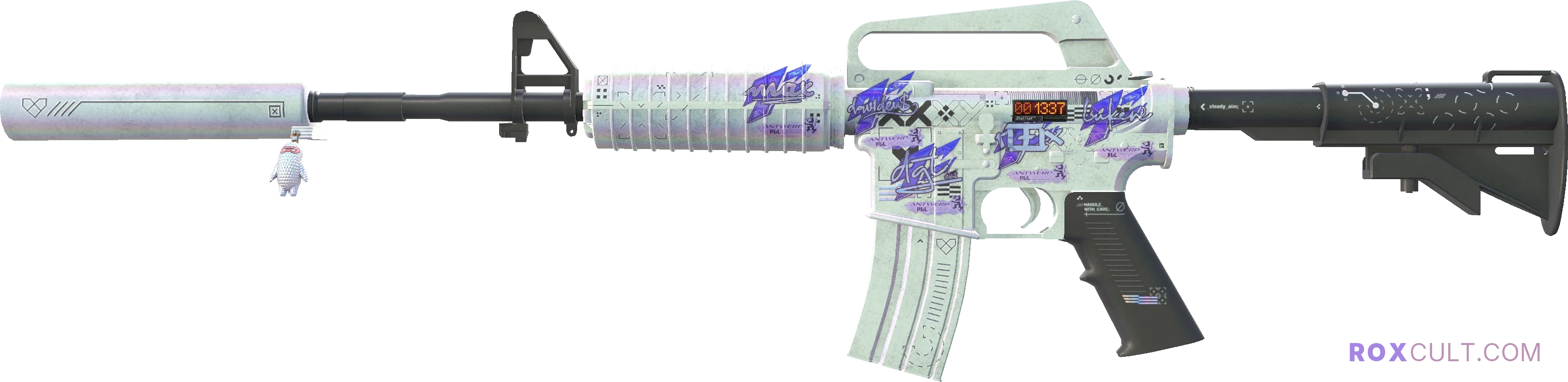 StatTrak™ M4A1-S | Printstream (Field-Tested) — rox (Holo) Antwerp 2022 craft, playside view with 1 rox (Holo) sticker