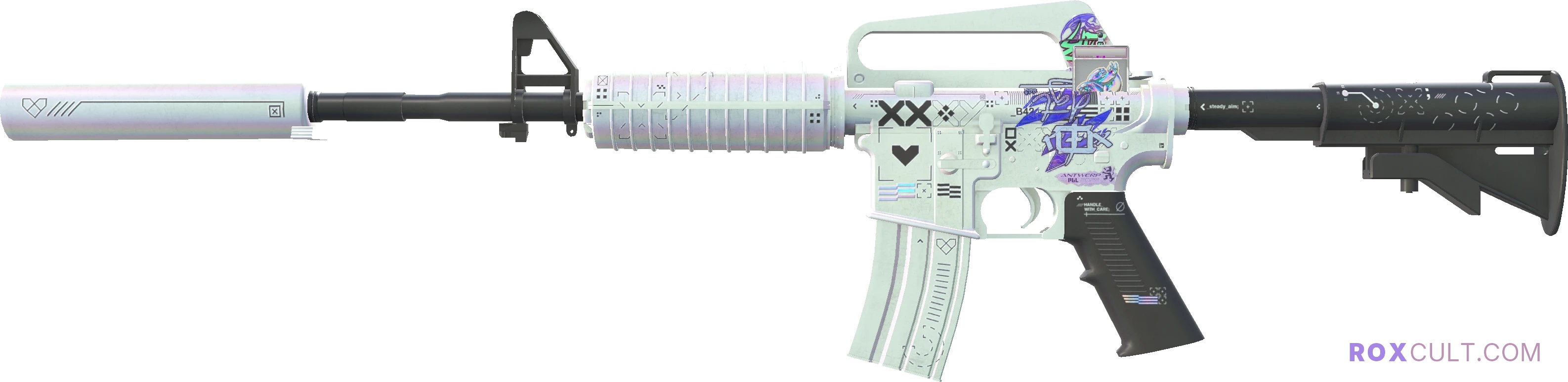 M4A1-S | Printstream (Factory New) — rox (Holo) Antwerp 2022 craft, playside view with 1 rox (Holo) sticker
