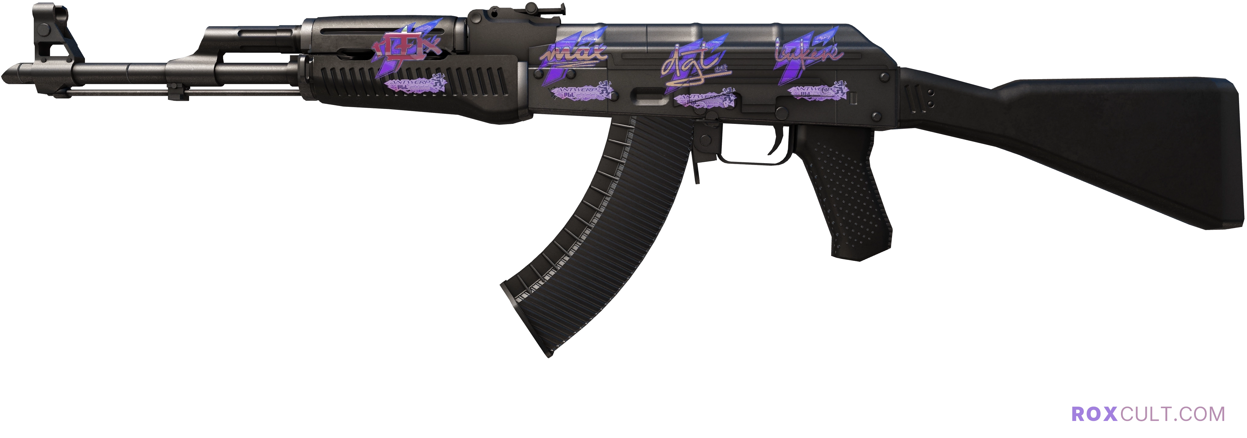 AK-47 | Slate (Factory New) — rox (Holo) Antwerp 2022 craft, playside view with 1 rox (Holo) sticker