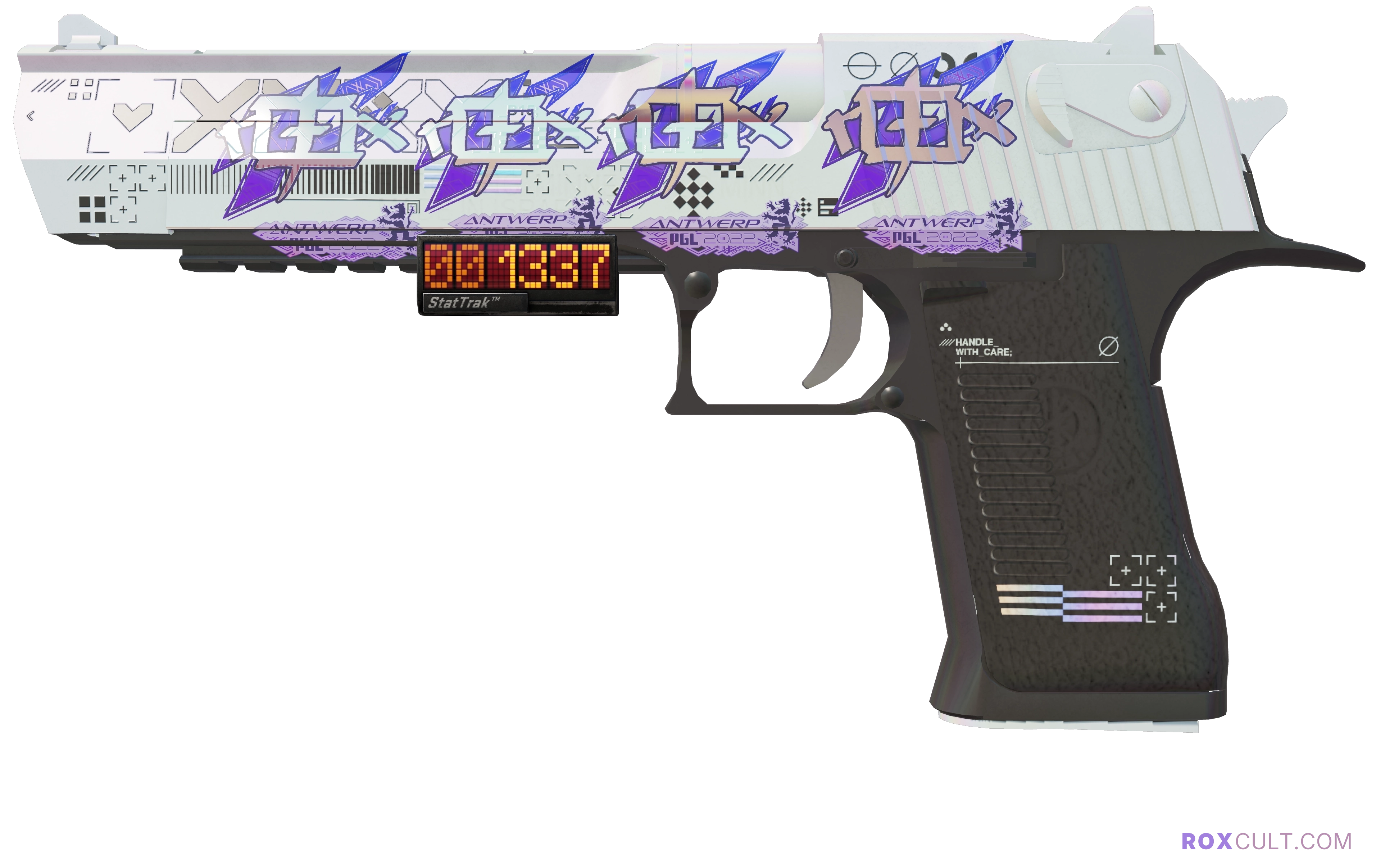 StatTrak™ Desert Eagle | Printstream (Factory New) — rox (Holo) Antwerp 2022 craft, playside view with 4 rox (Holo) stickers