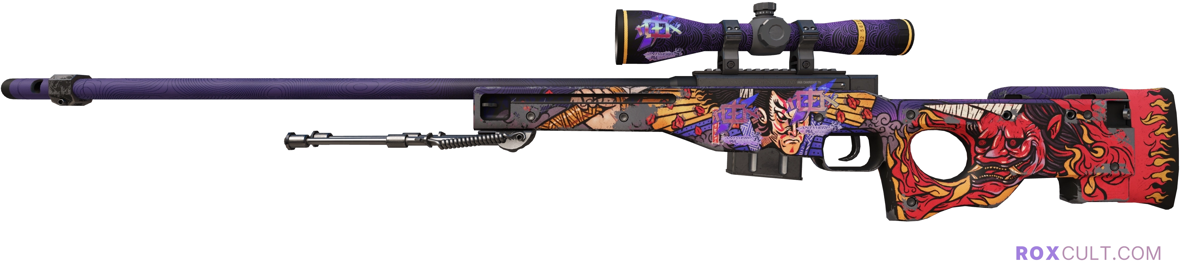 AWP | Oni Taiji (Field-Tested) — rox (Holo) Antwerp 2022 craft, playside view with 3 rox (Holo) stickers