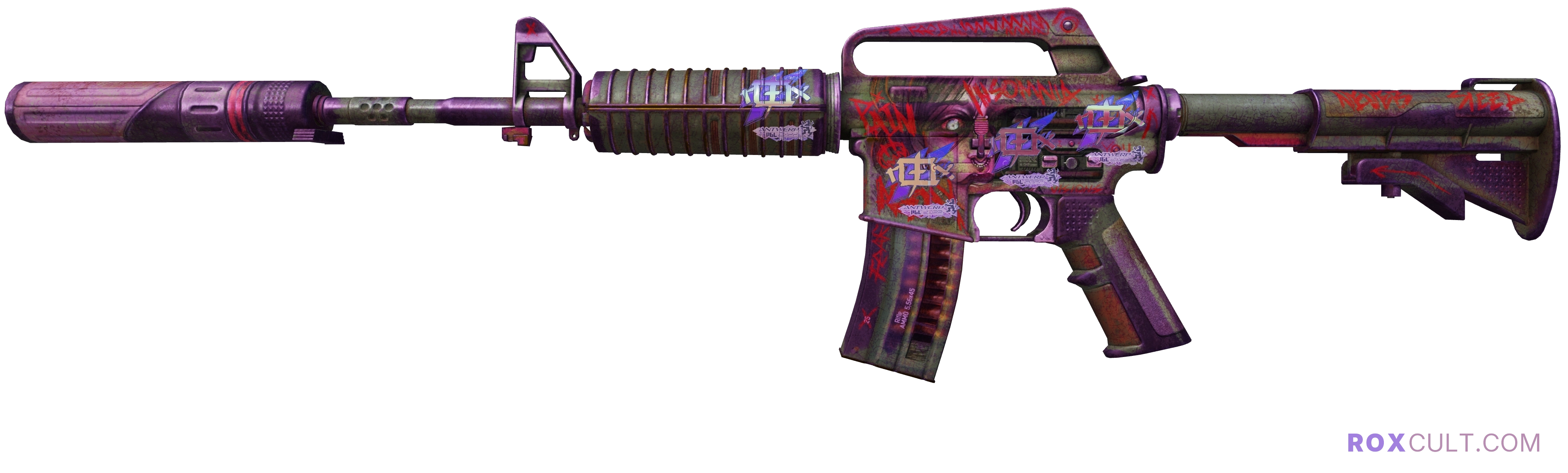 M4A1-S | Night Terror (Battle-Scarred) — rox (Holo) Antwerp 2022 craft, playside view with 4 rox (Holo) stickers