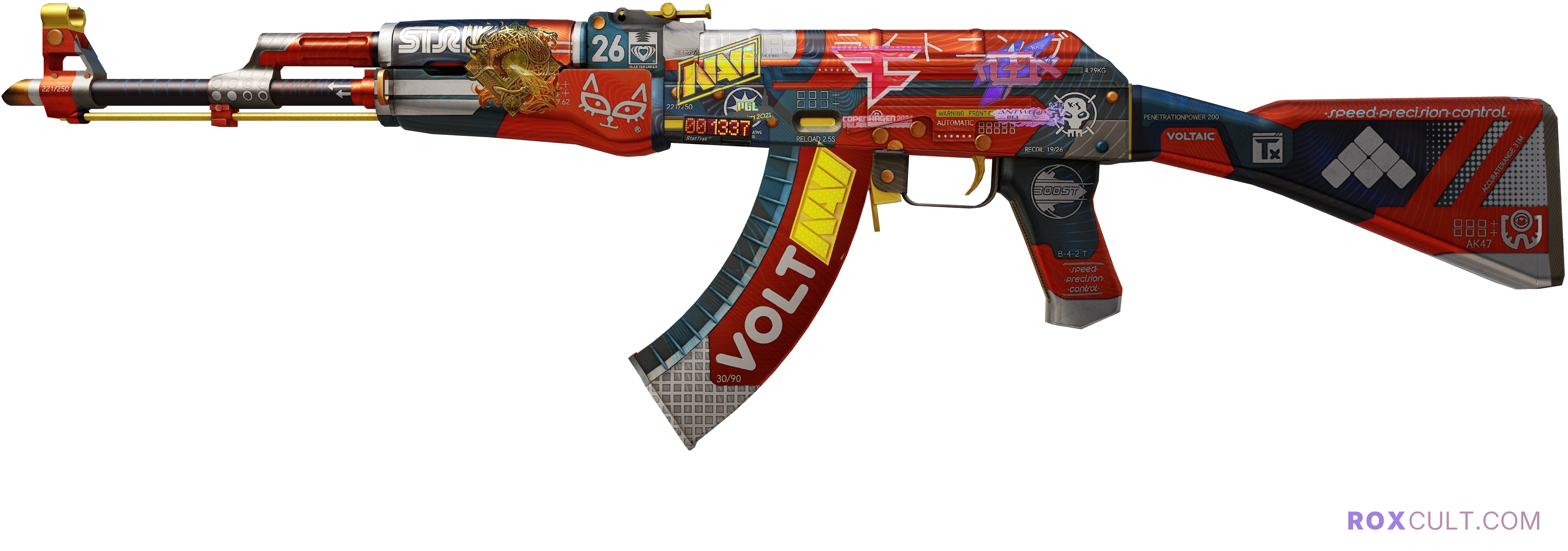 StatTrak™ AK-47 | Bloodsport (Factory New) — rox (Holo) Antwerp 2022 craft, playside view with 1 rox (Holo) sticker