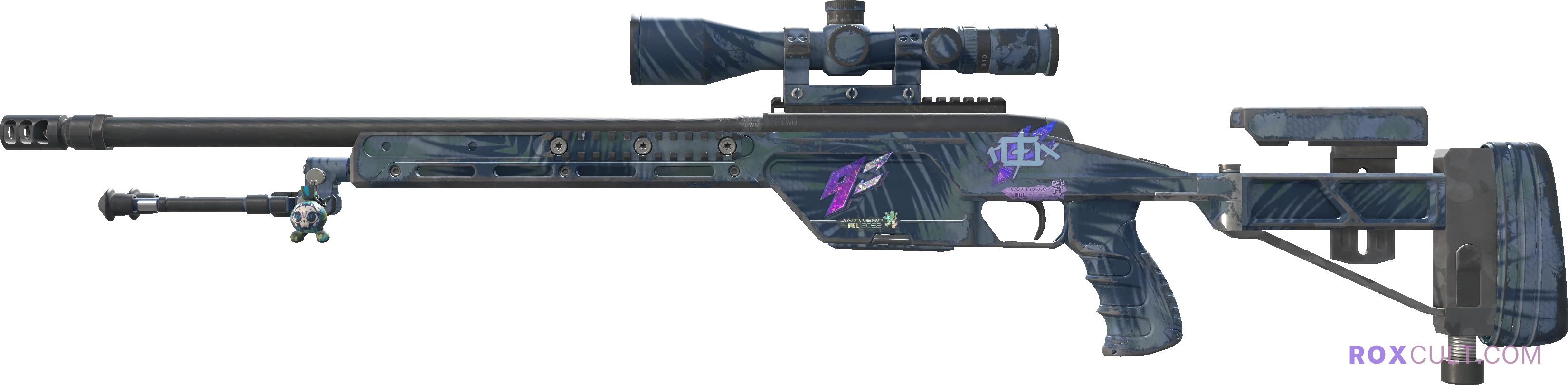 SSG 08 | Tropical Storm (Field-Tested) — rox (Holo) Antwerp 2022 craft, playside view with 1 rox (Holo) sticker