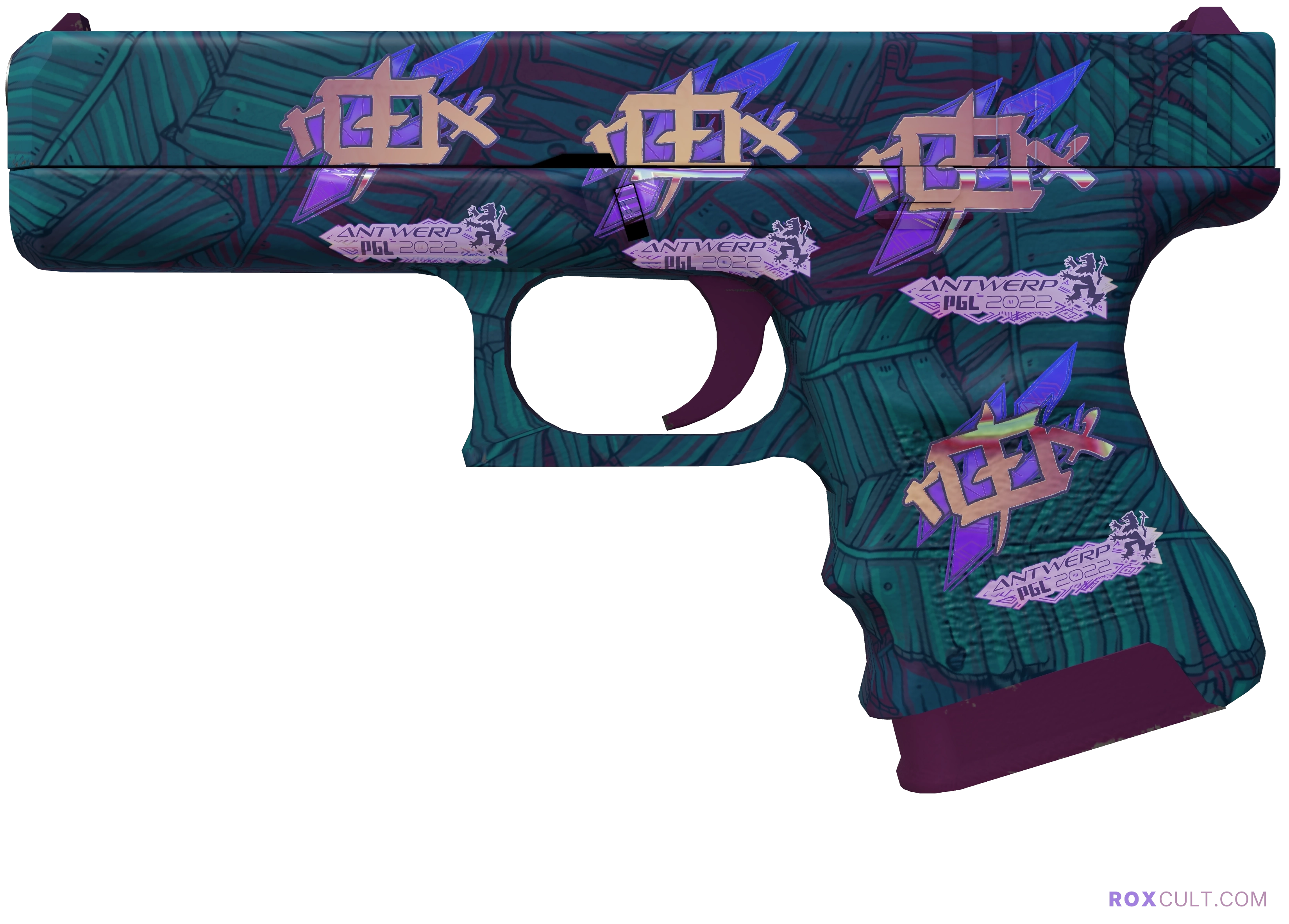 Glock-18 | Synth Leaf (Factory New) — rox (Holo) Antwerp 2022 craft, playside view with 4 rox (Holo) stickers