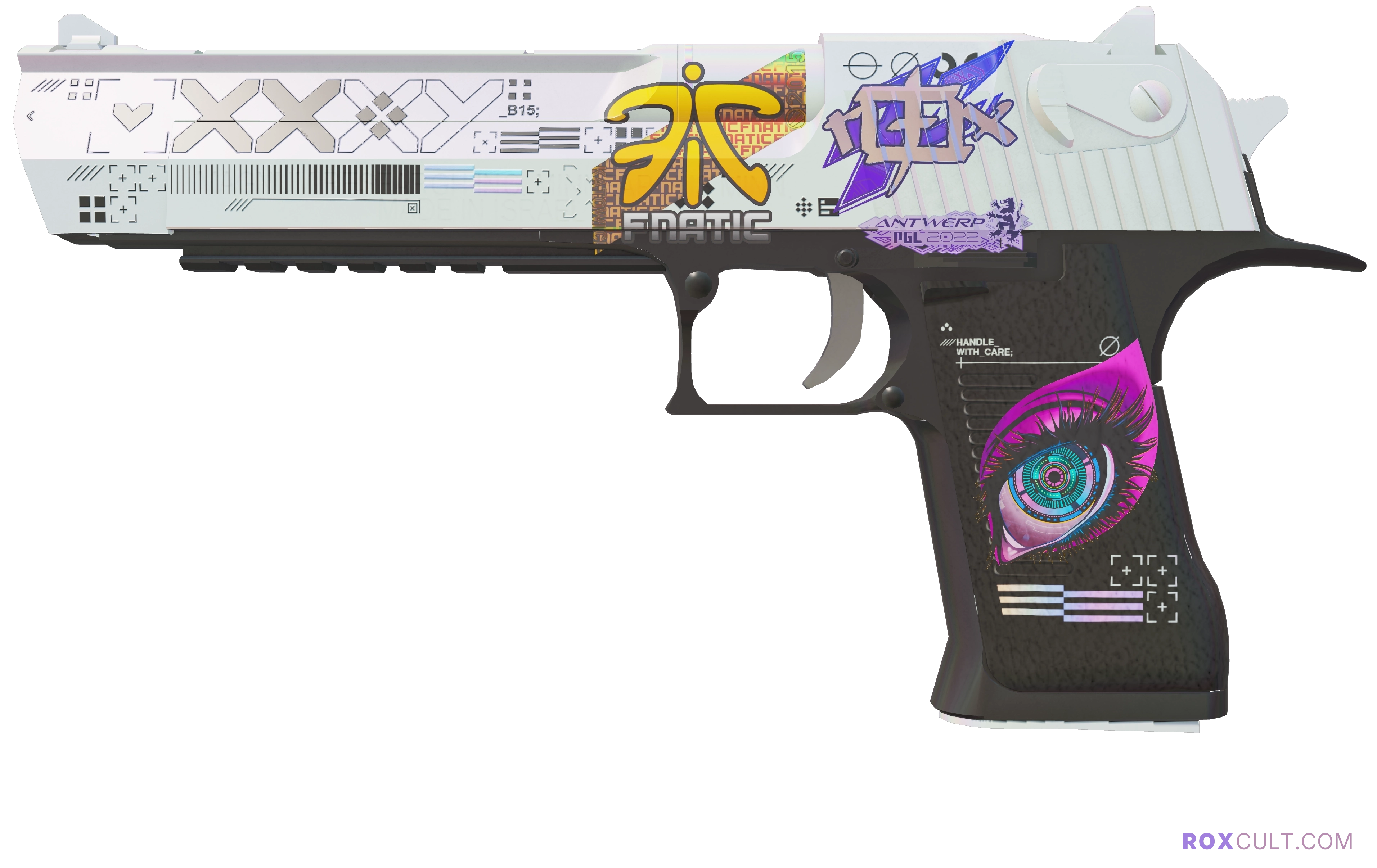 Desert Eagle | Printstream (Factory New) — rox (Holo) Antwerp 2022 craft, playside view with 1 rox (Holo) sticker