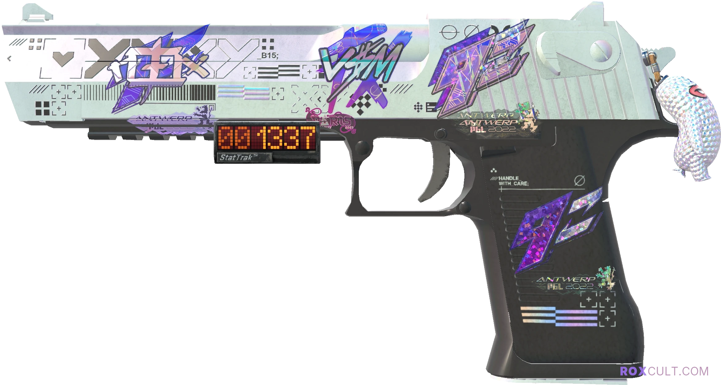 StatTrak™ Desert Eagle | Printstream (Field-Tested) — rox (Holo) Antwerp 2022 craft, playside view with 1 rox (Holo) sticker