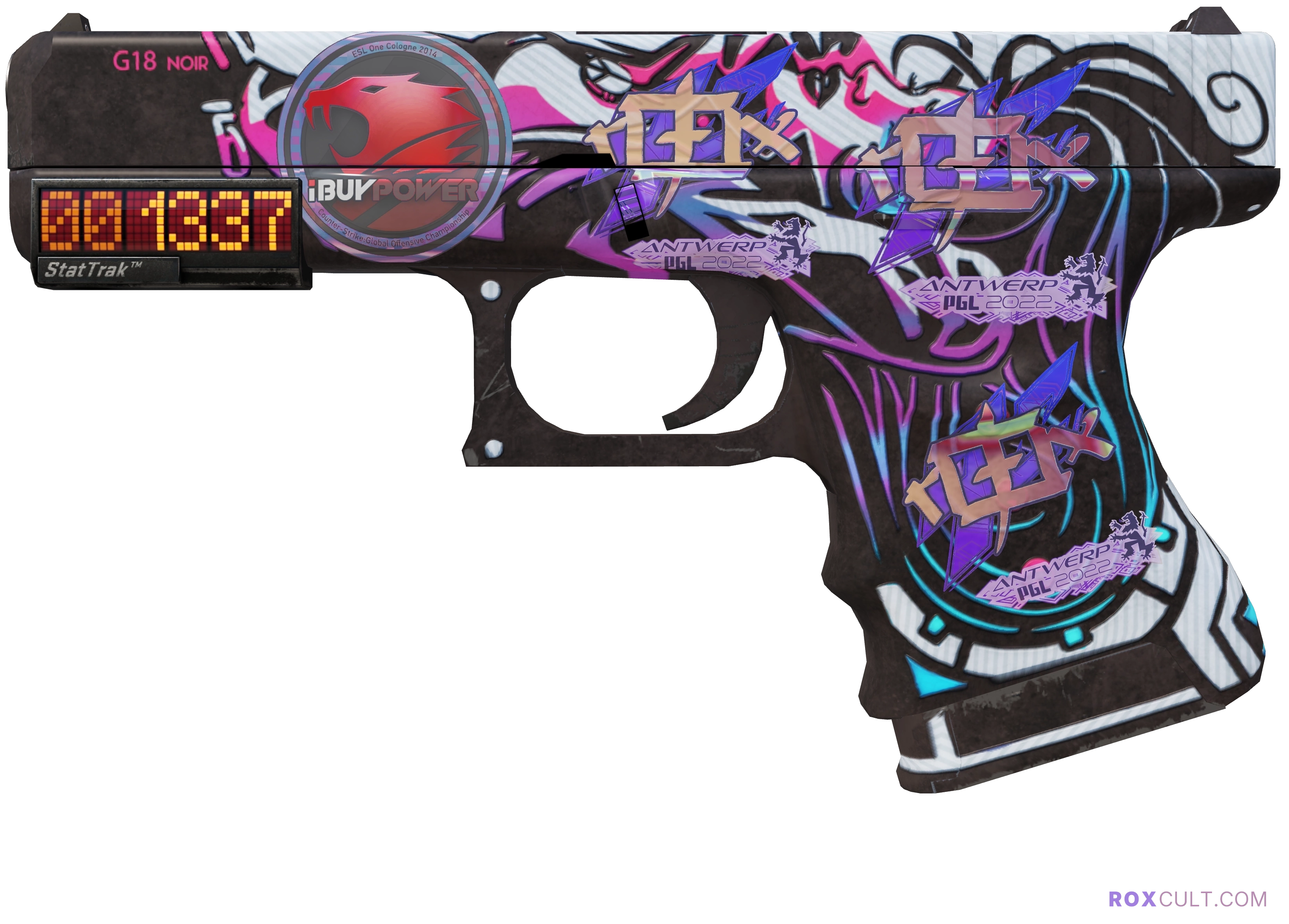 StatTrak™ Glock-18 | Neo-Noir (Minimal Wear) — rox (Holo) Antwerp 2022 craft, playside view with 3 rox (Holo) stickers