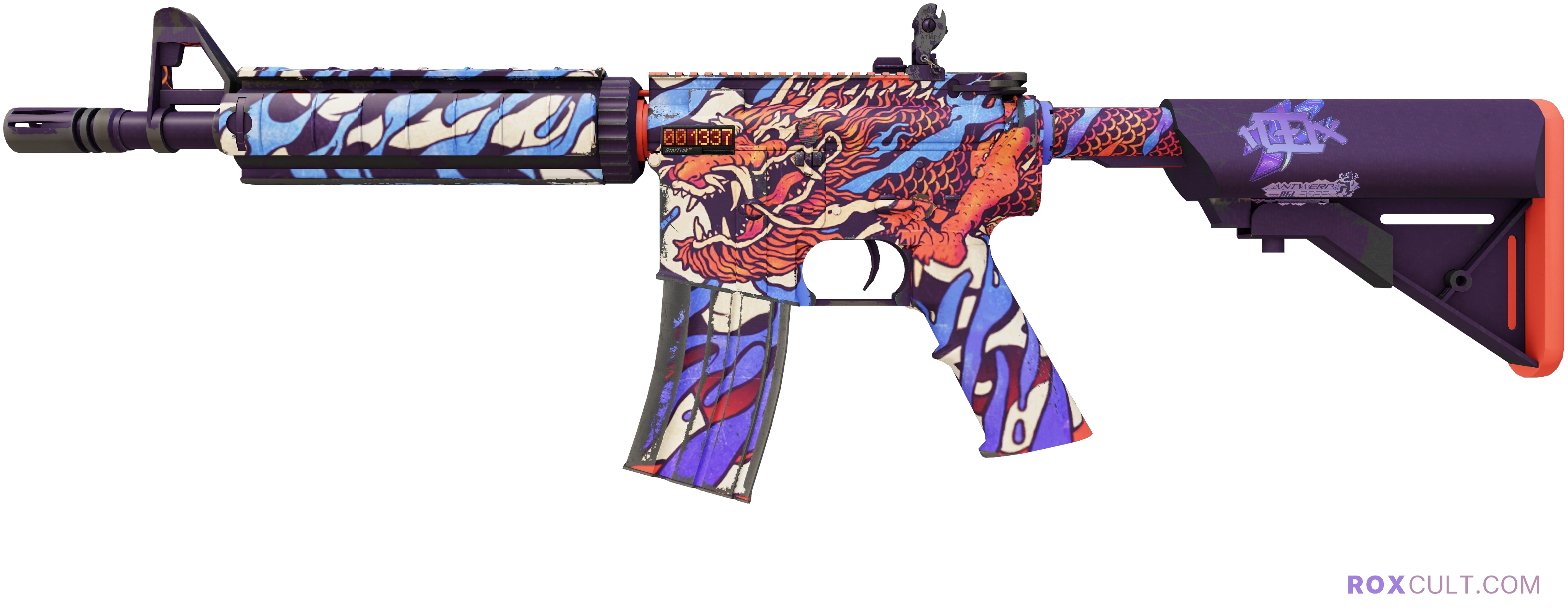 StatTrak™ M4A4 | 龍王 (Dragon King) (Factory New) — rox (Holo) Antwerp 2022 craft, playside view with 1 rox (Holo) sticker