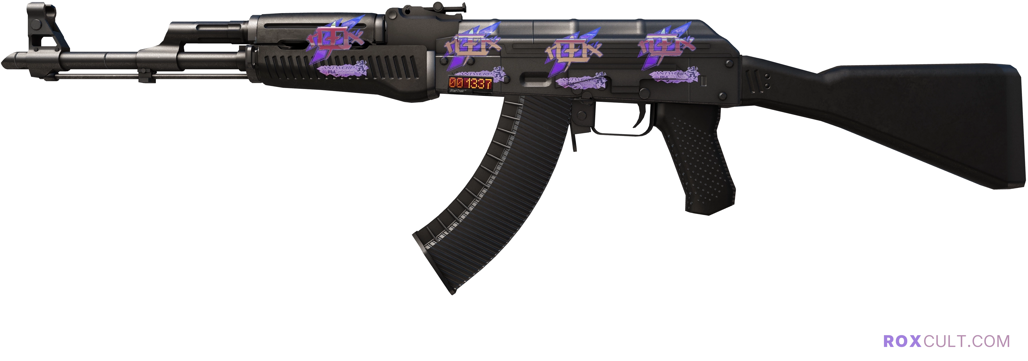 StatTrak™ AK-47 | Slate (Factory New) — rox (Holo) Antwerp 2022 craft, playside view with 4 rox (Holo) stickers